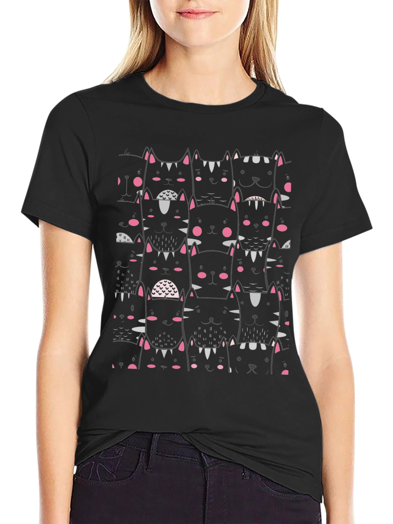Mens Black Cat Pattern Graphic Tee