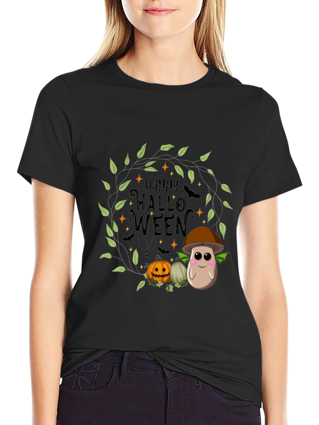 Happy Halloween T-Shirt with Mushroom and Pumpkin Design