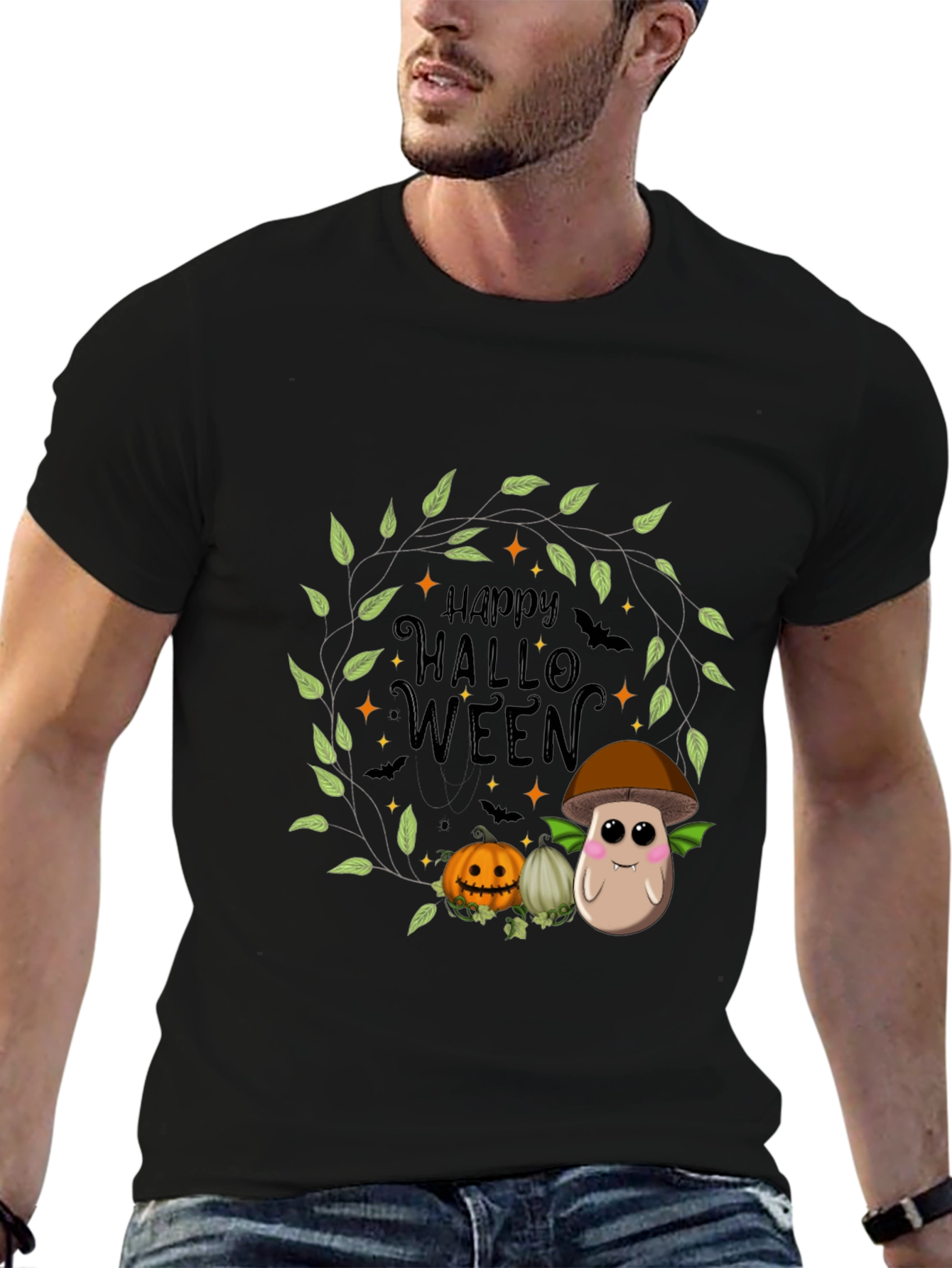 Happy Halloween T-Shirt with Mushroom and Pumpkin Design
