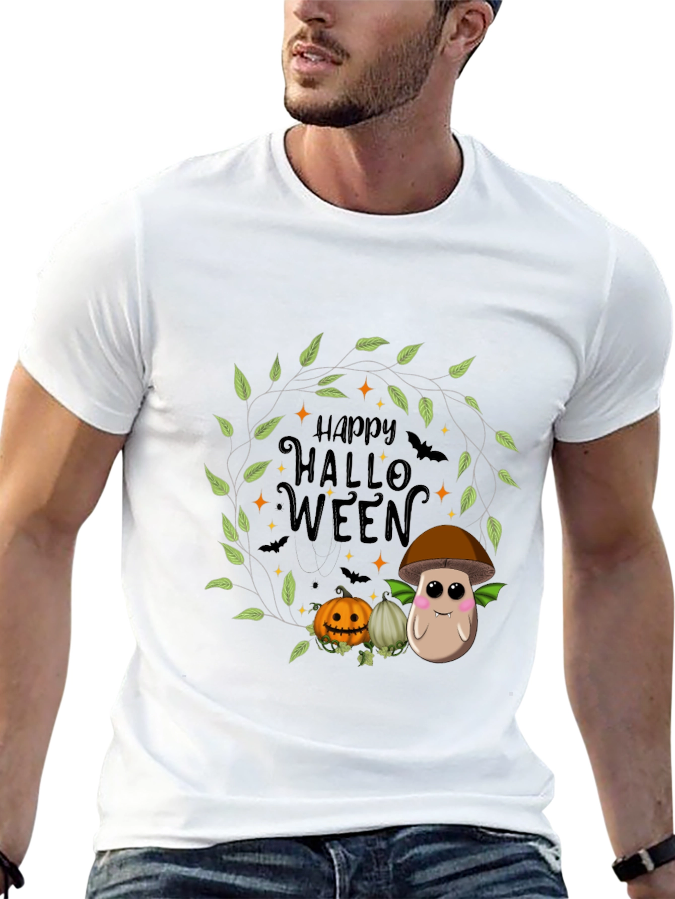 Happy Halloween T-Shirt with Mushroom and Pumpkin Design