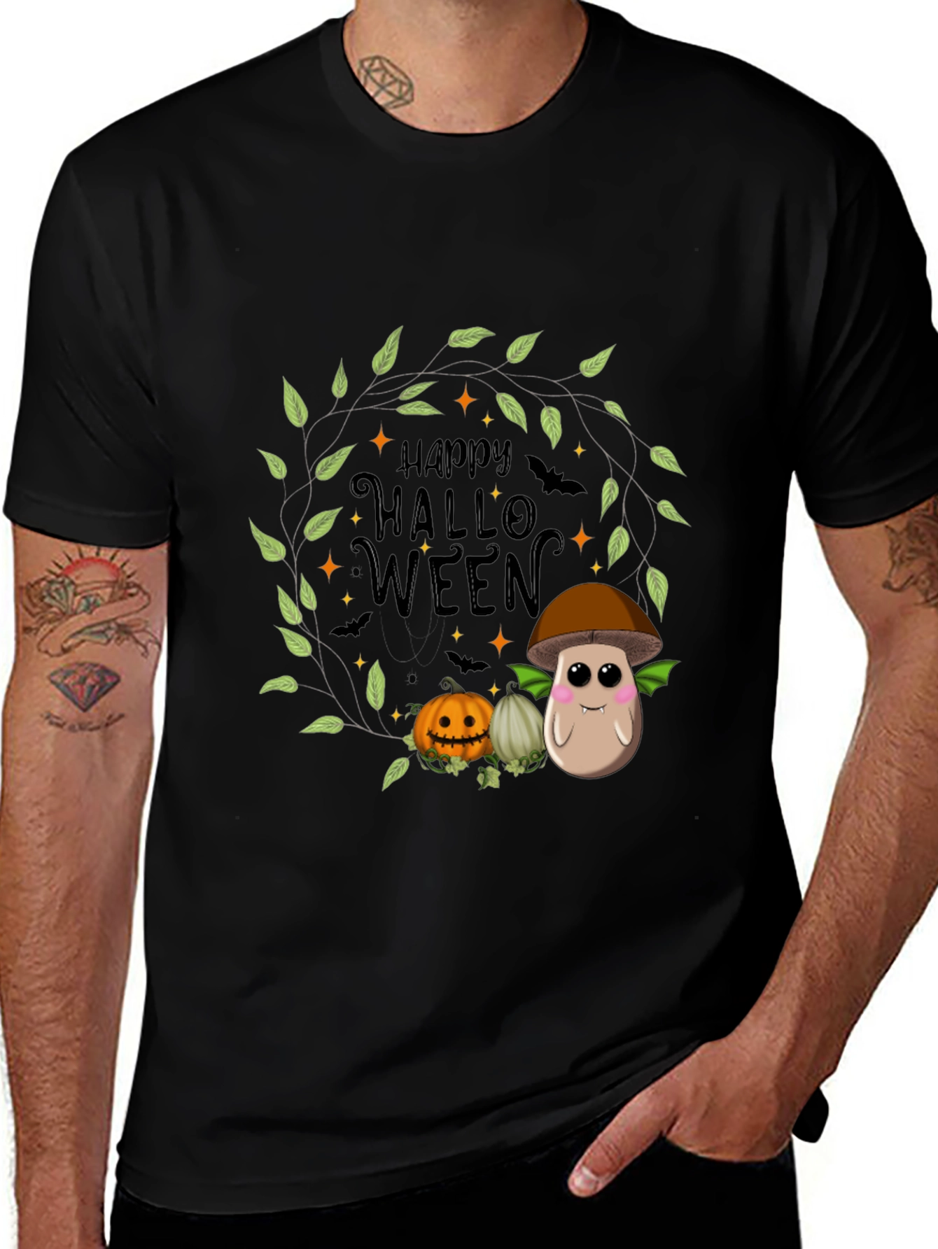 Happy Halloween T-Shirt with Mushroom and Pumpkin Design