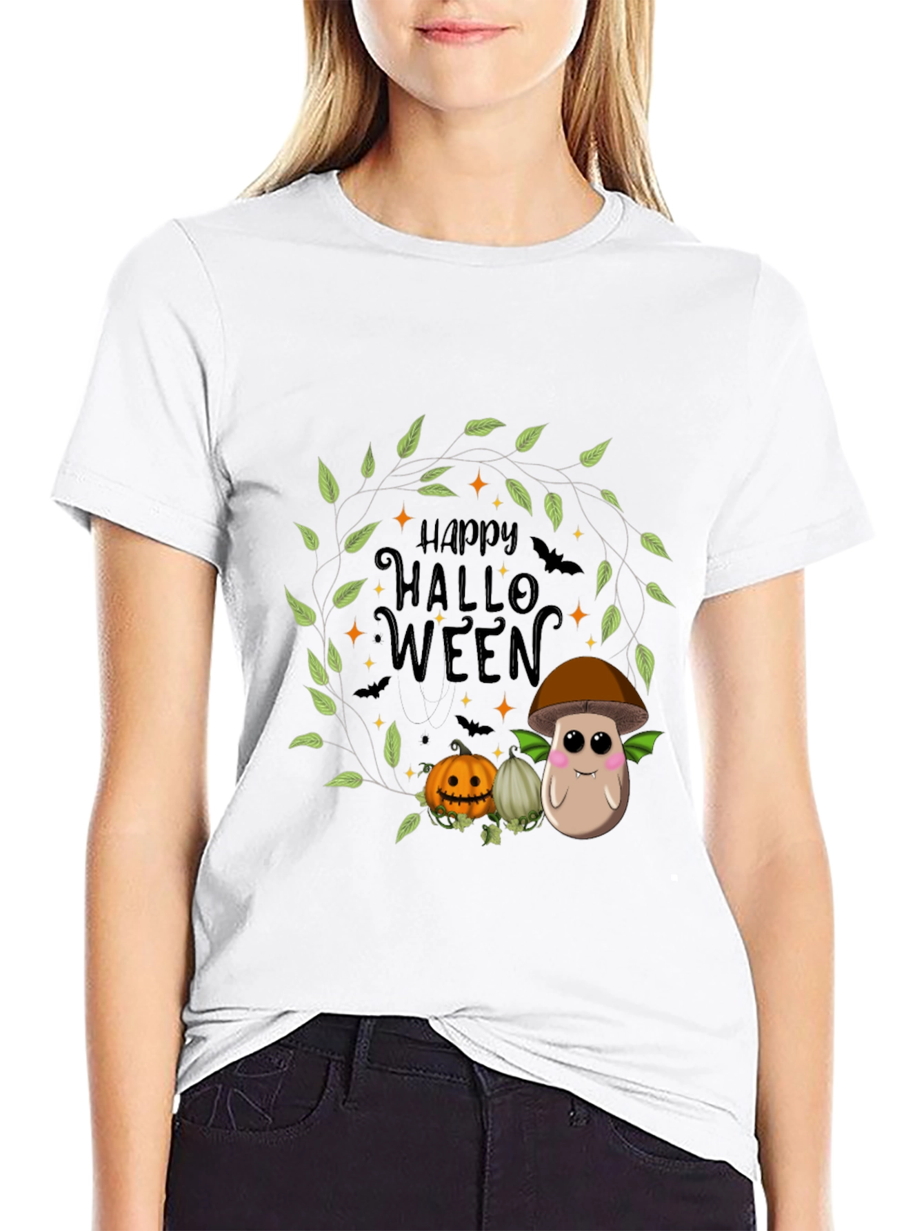Happy Halloween T-Shirt with Mushroom and Pumpkin Design