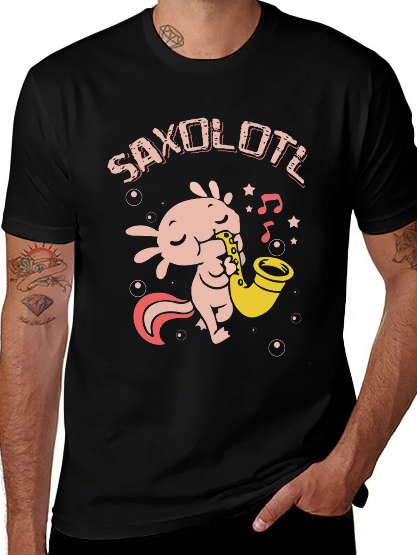 Saxolotl Black T-Shirt - Axolotl Saxophone Player