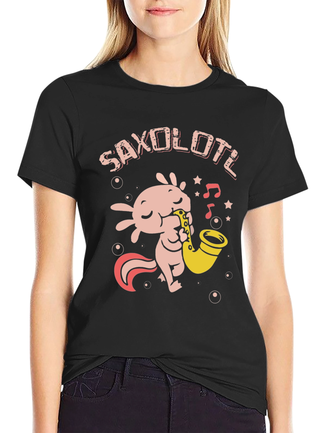 Saxolotl Black T-Shirt - Axolotl Saxophone Player