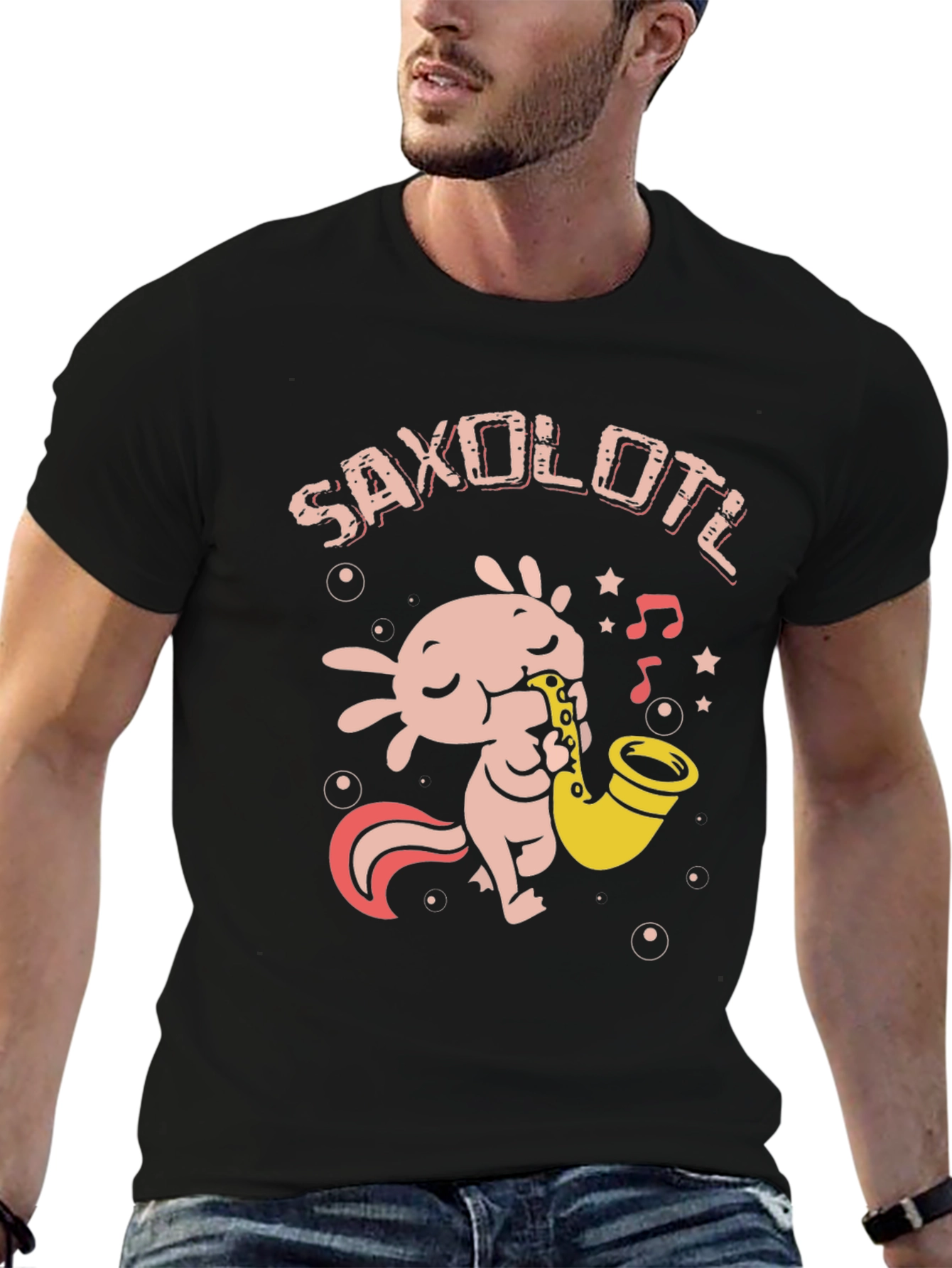 Saxolotl Black T-Shirt - Axolotl Saxophone Player