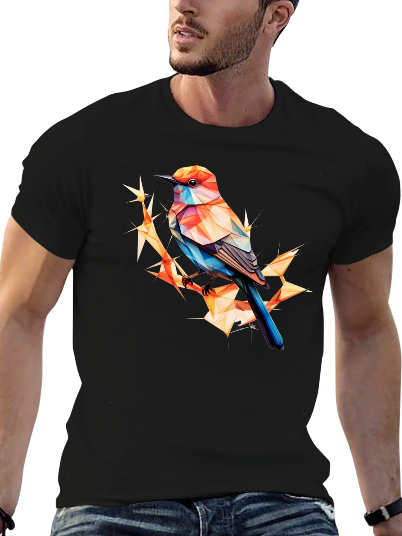 Geometric Bird Print Black T-Shirt