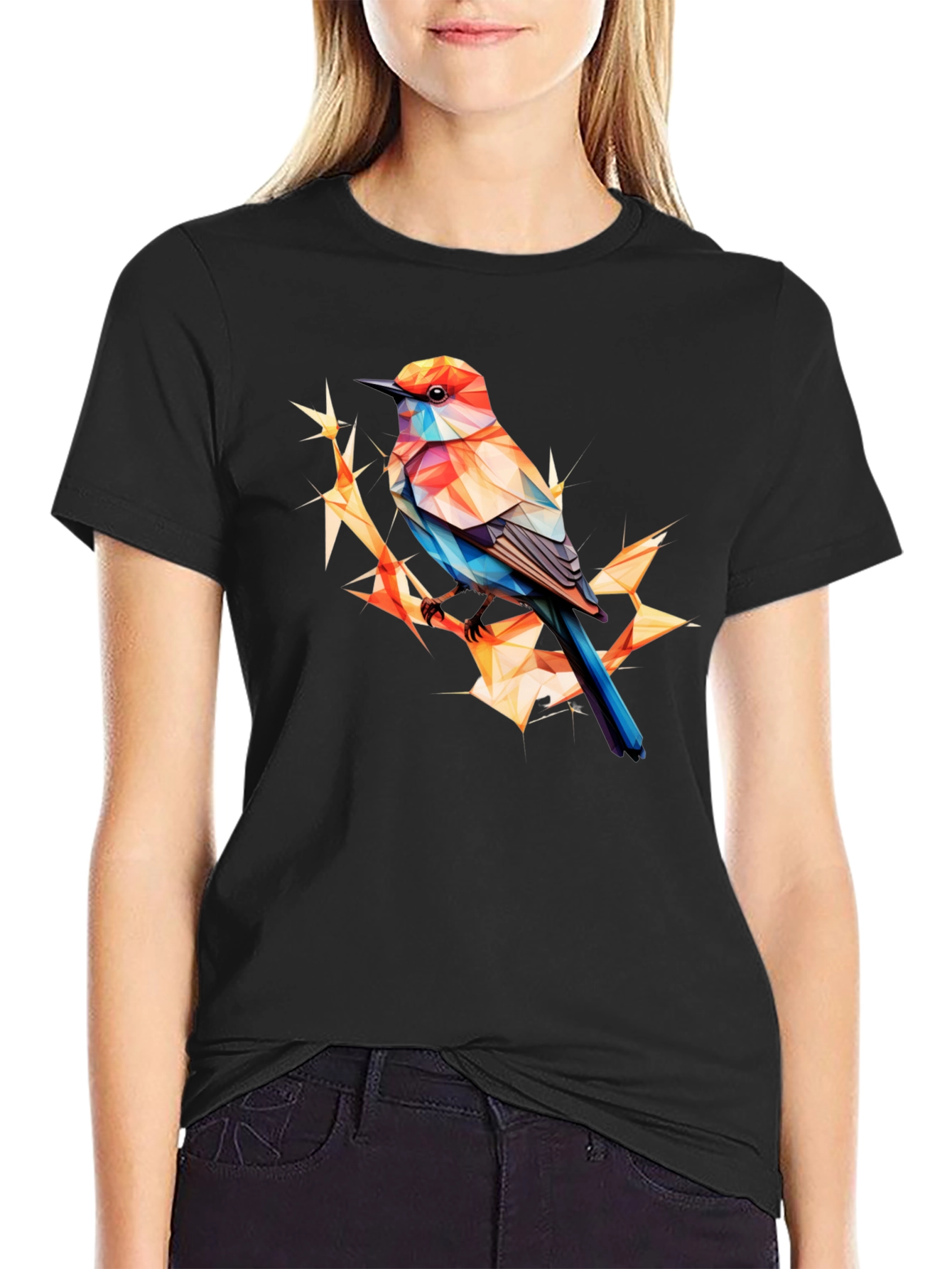 Geometric Bird Print Black T-Shirt