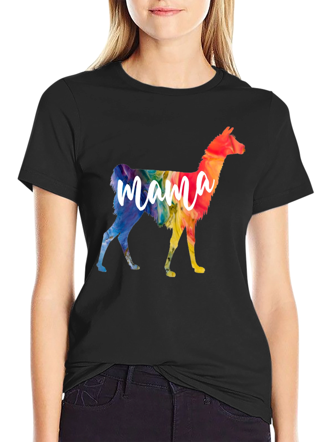Mama Llama Rainbow T-Shirt - Black