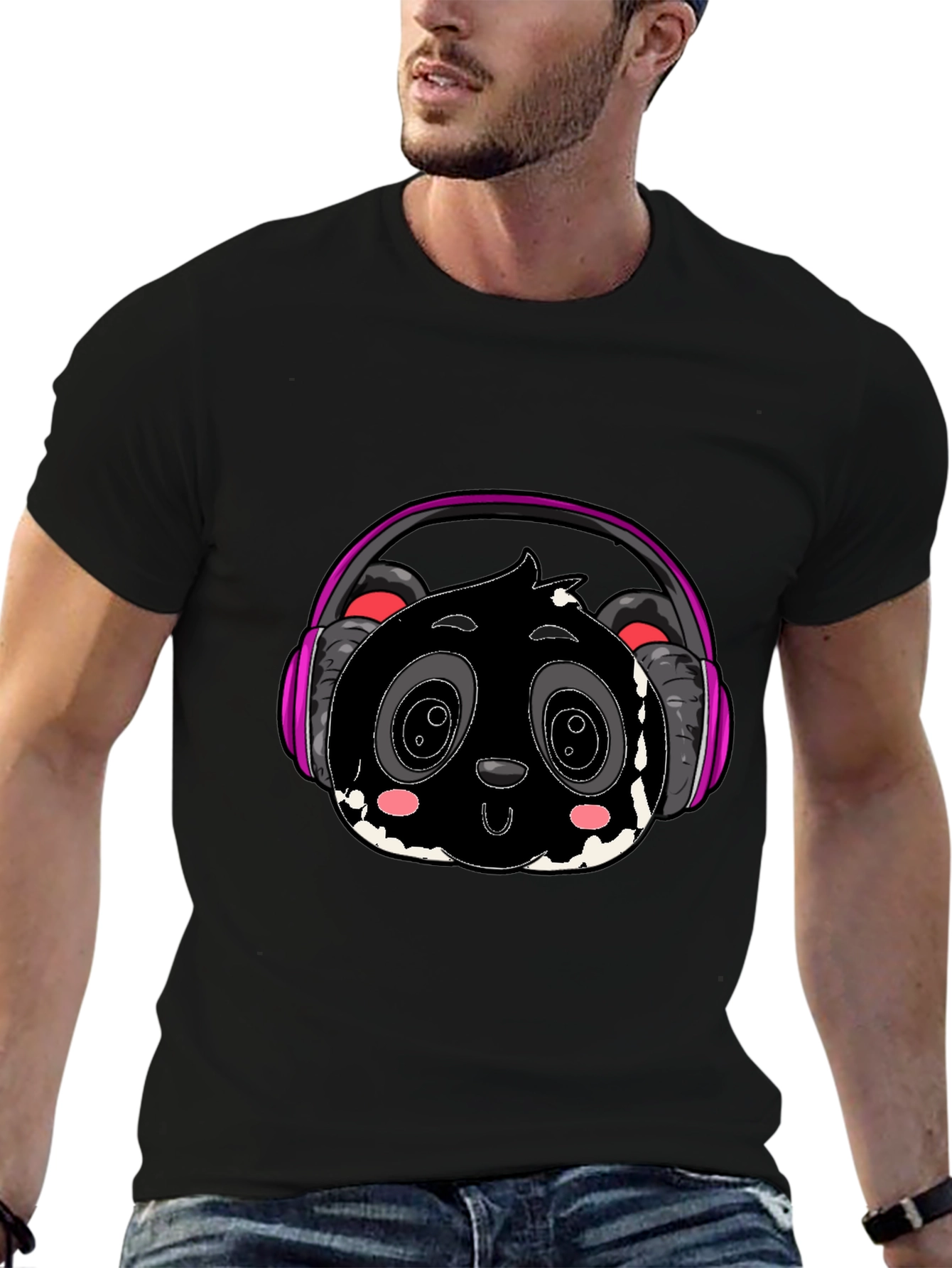 Cool Panda with Headphones Graphic Tee - Black