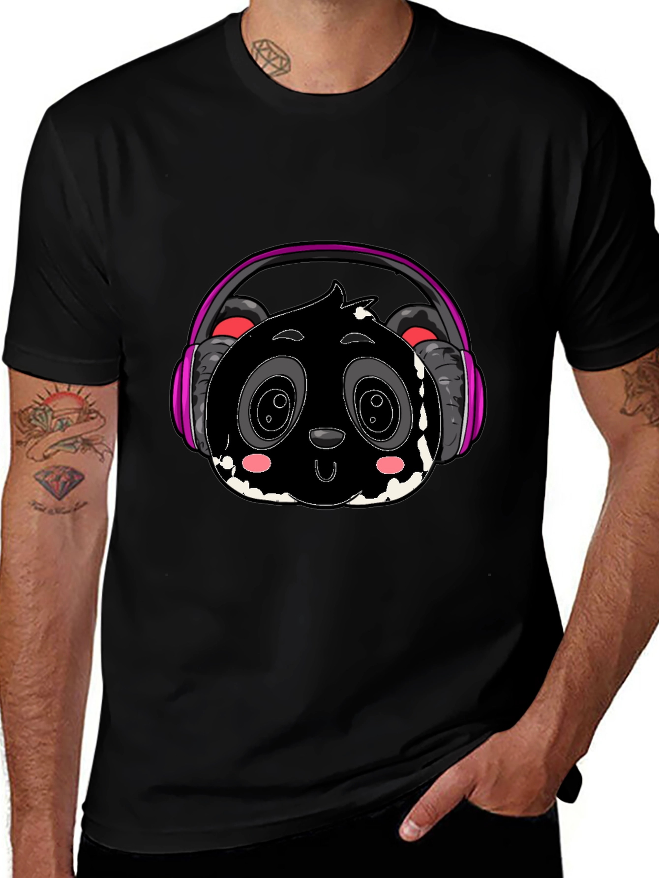 Cool Panda with Headphones Graphic Tee - Black