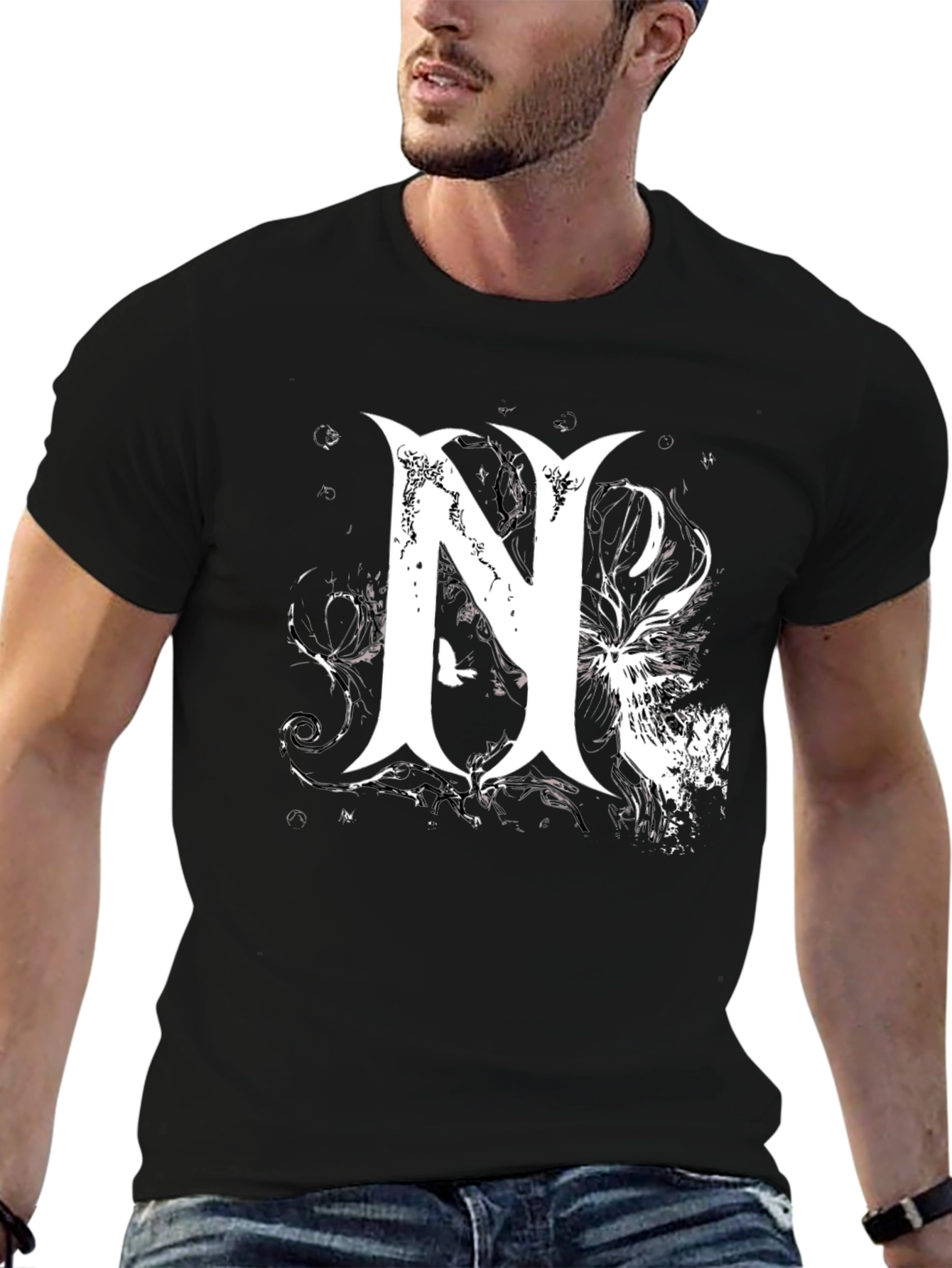 Stylish Black T-Shirt with Bold White Graphic Letter N