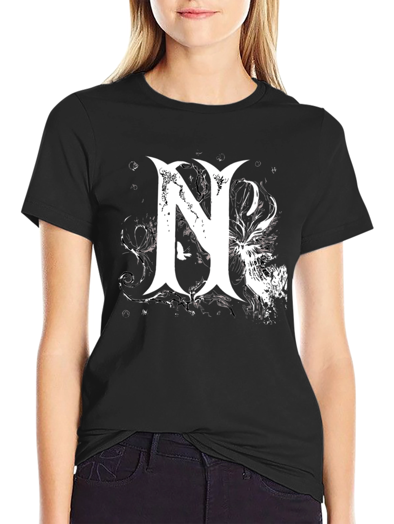 Stylish Black T-Shirt with Bold White Graphic Letter N