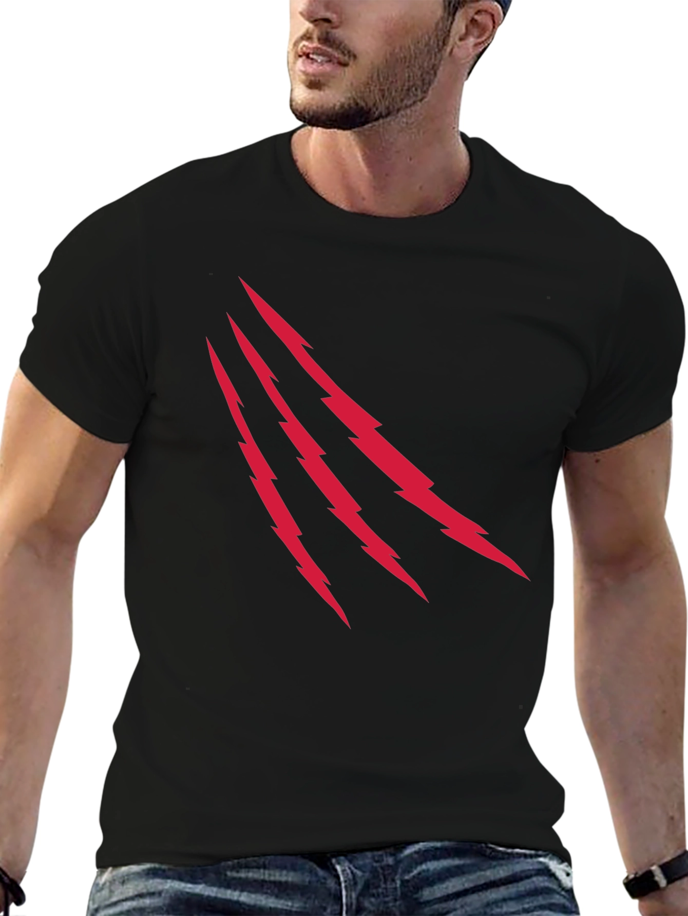 Mens Black T-Shirt with Red Lightning Claw Design