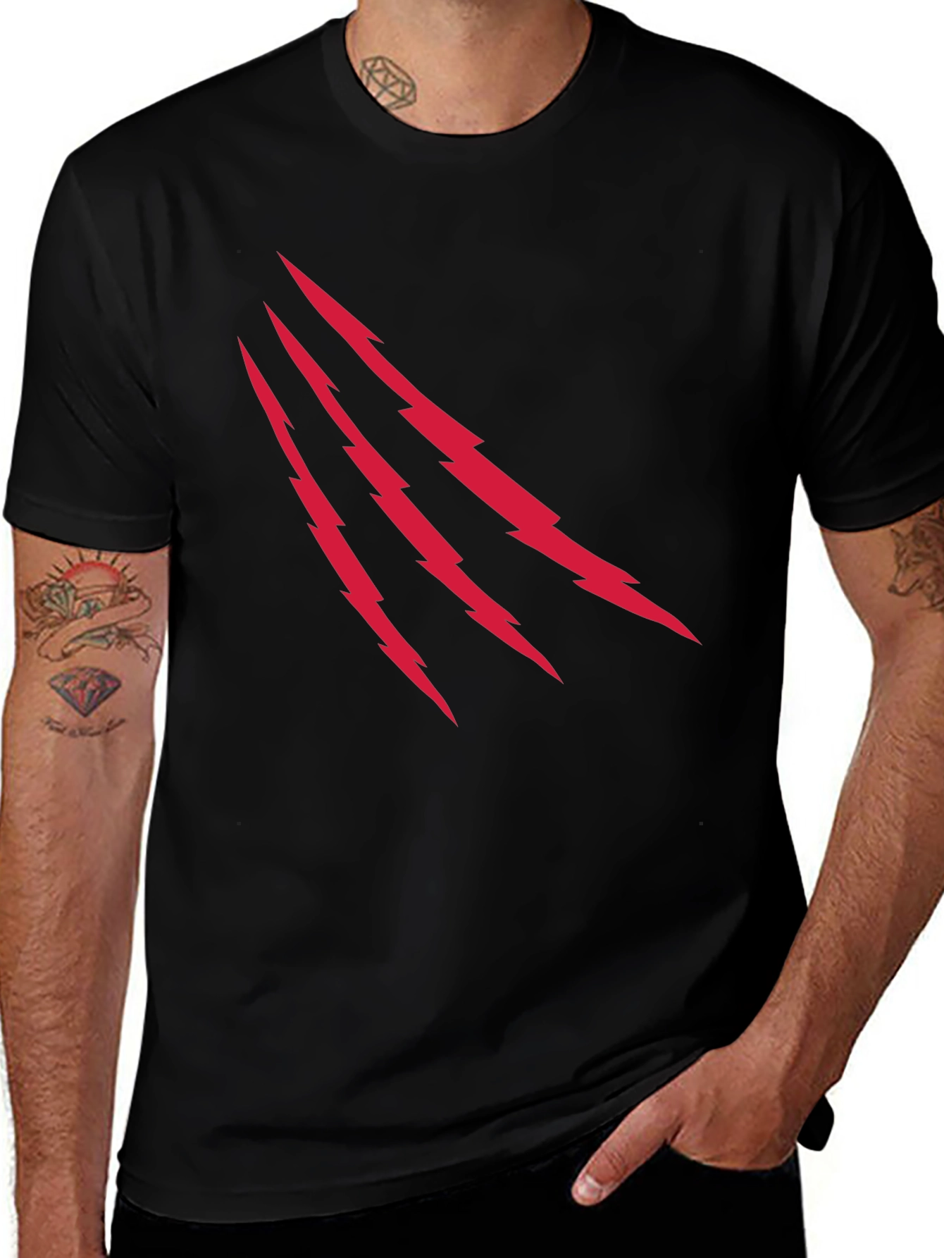 Mens Black T-Shirt with Red Lightning Claw Design