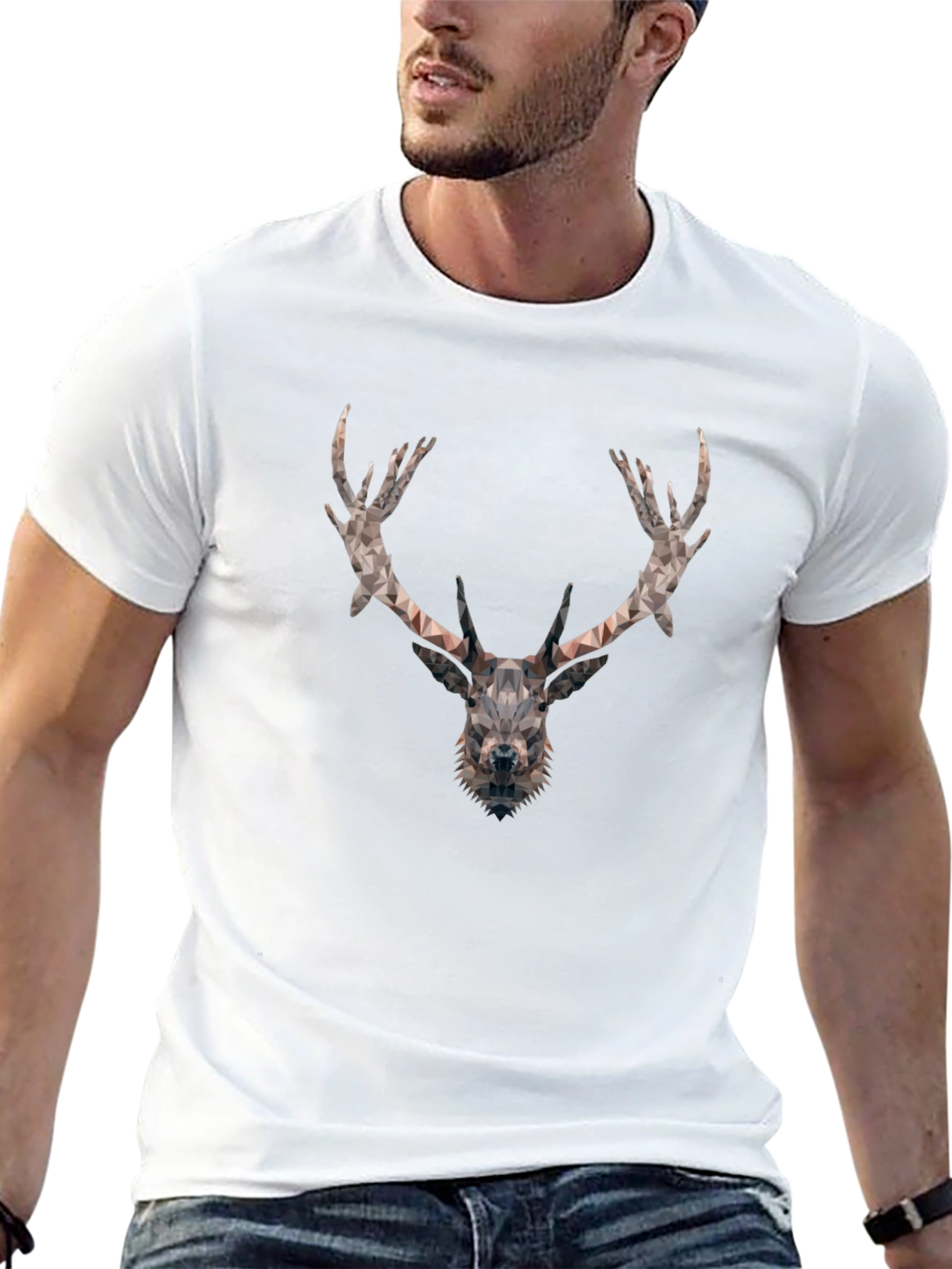 Geometric Deer Head Graphic Tee - Black