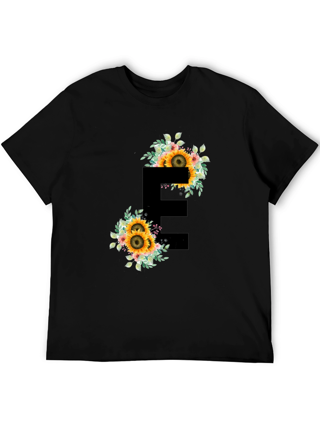 Floral Letter E Black T-Shirt
