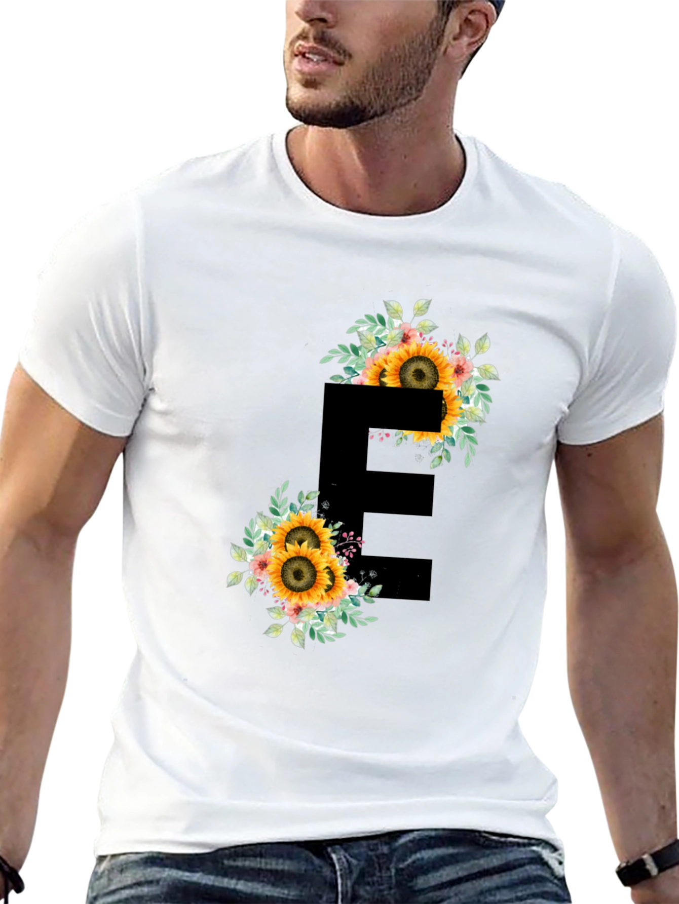 Floral Letter E Black T-Shirt