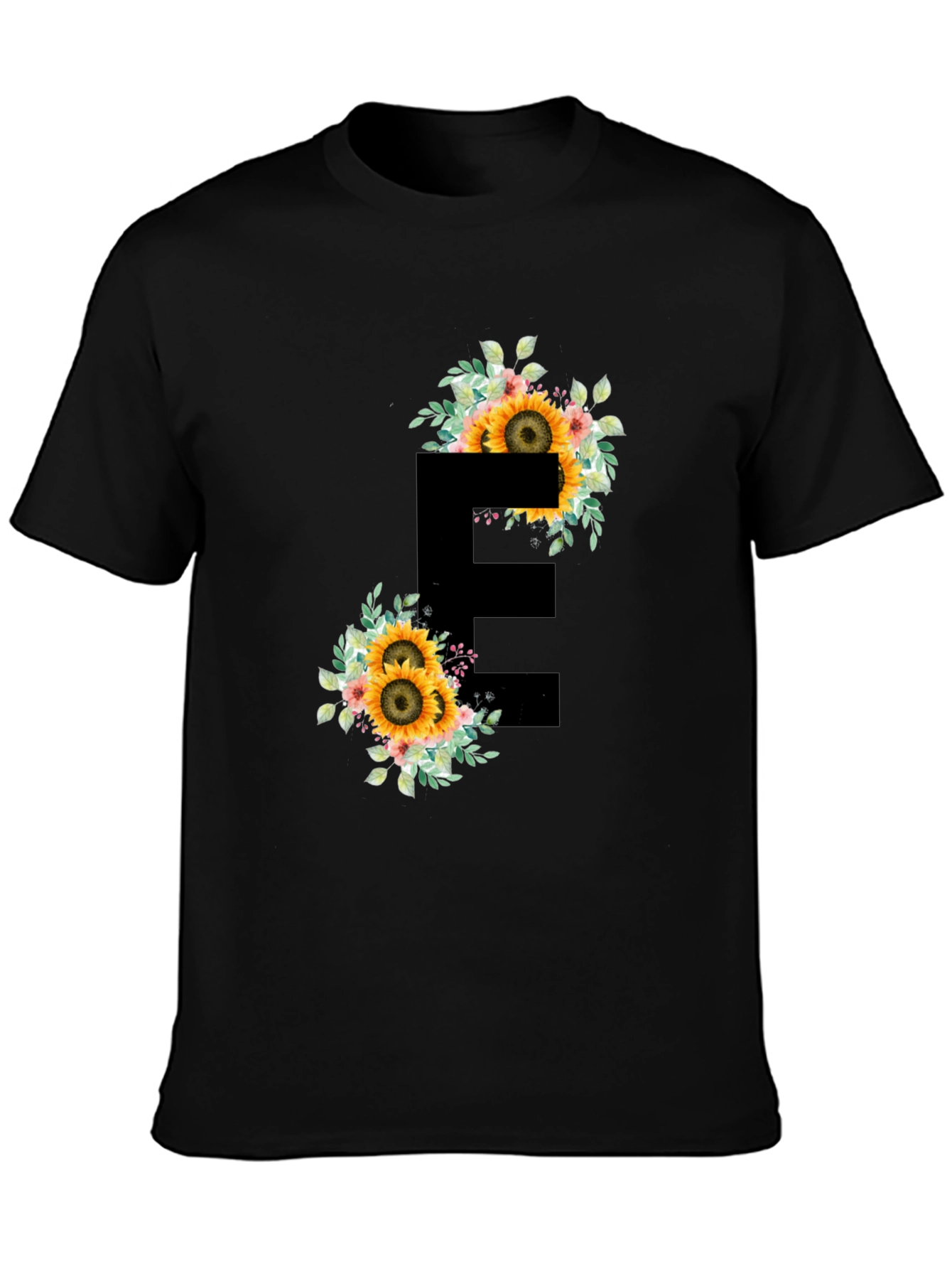 Floral Letter E Black T-Shirt