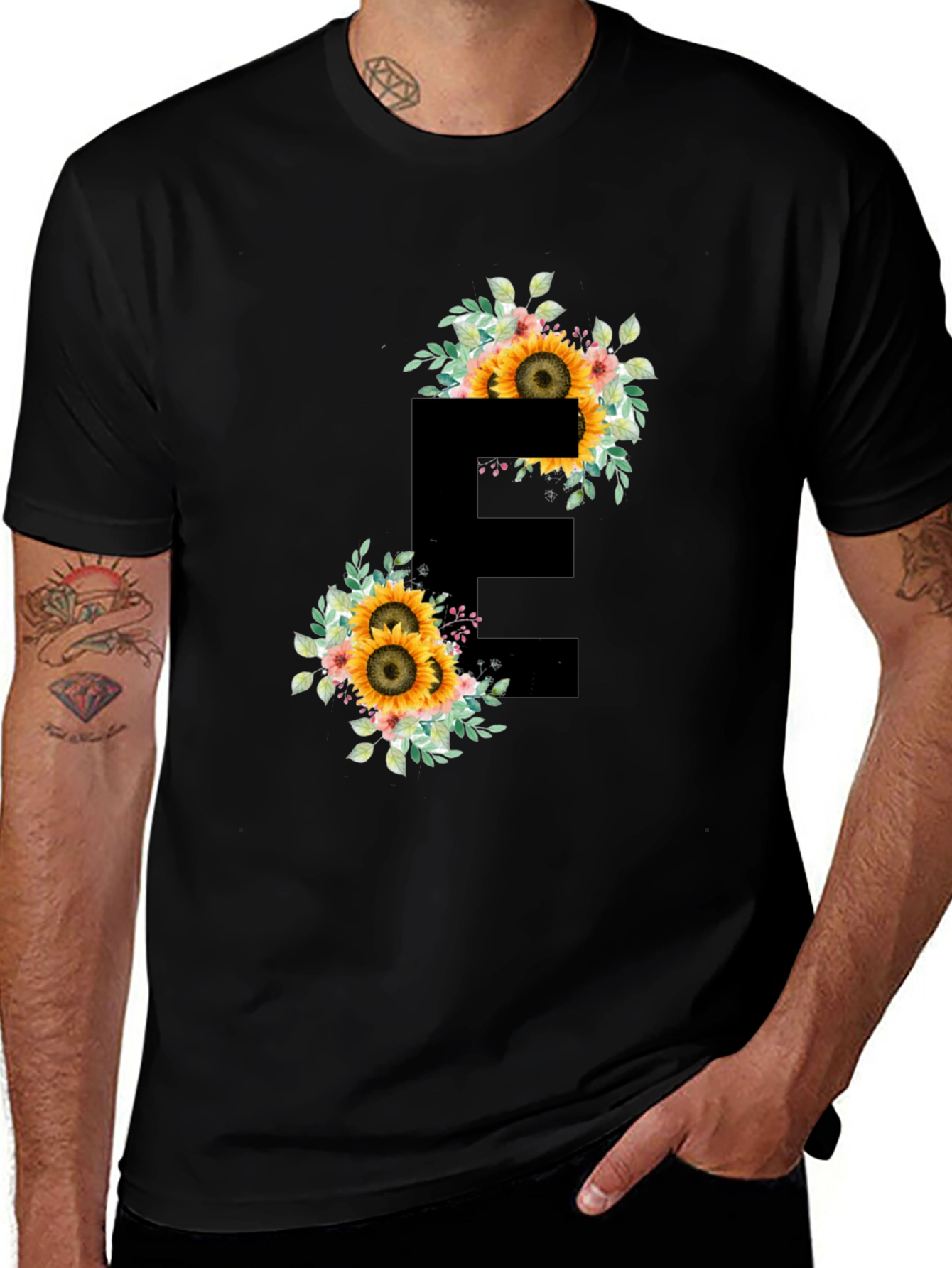 Floral Letter E Black T-Shirt