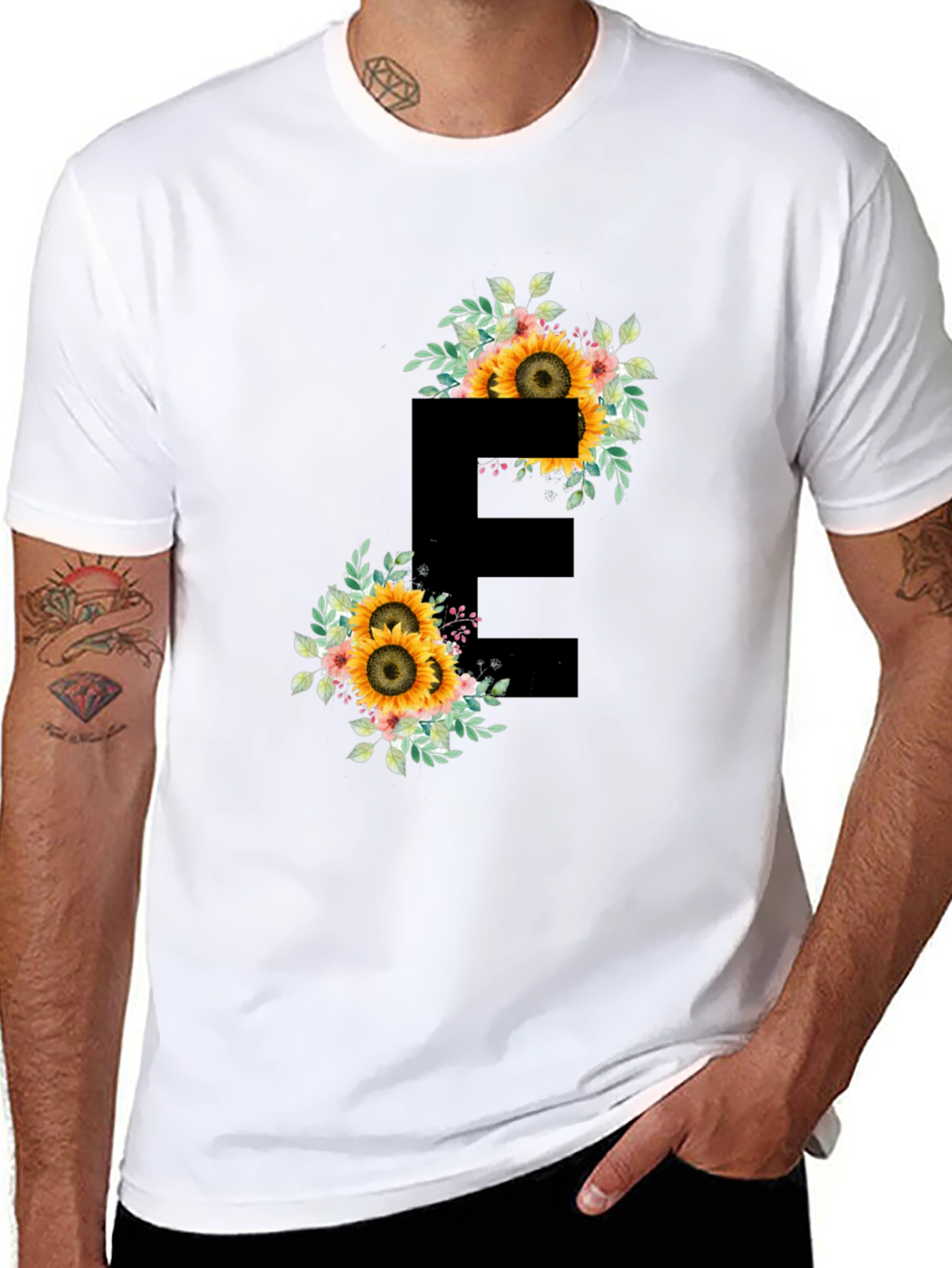 Floral Letter E Black T-Shirt