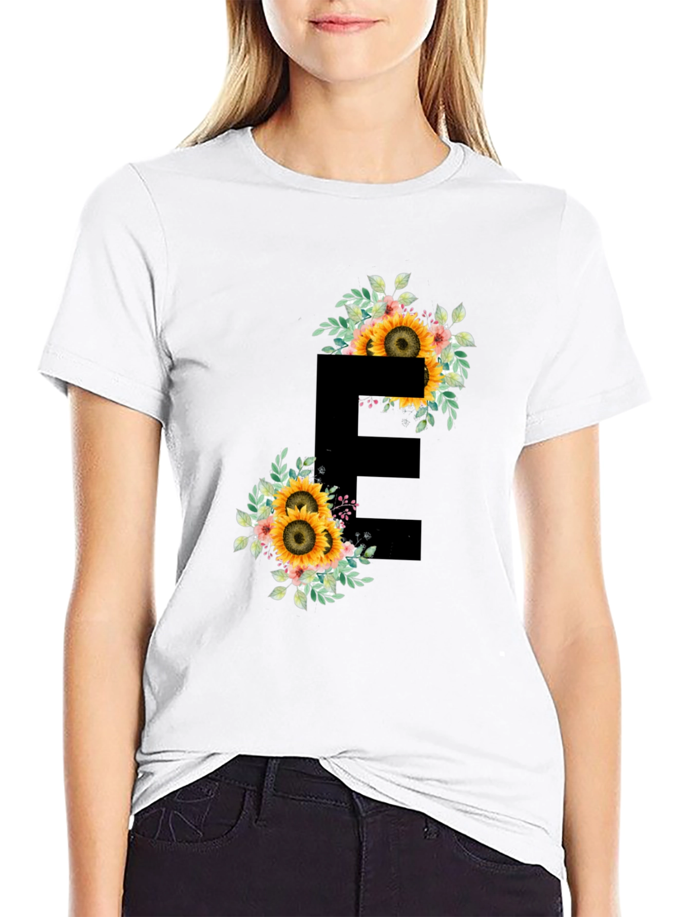 Floral Letter E Black T-Shirt