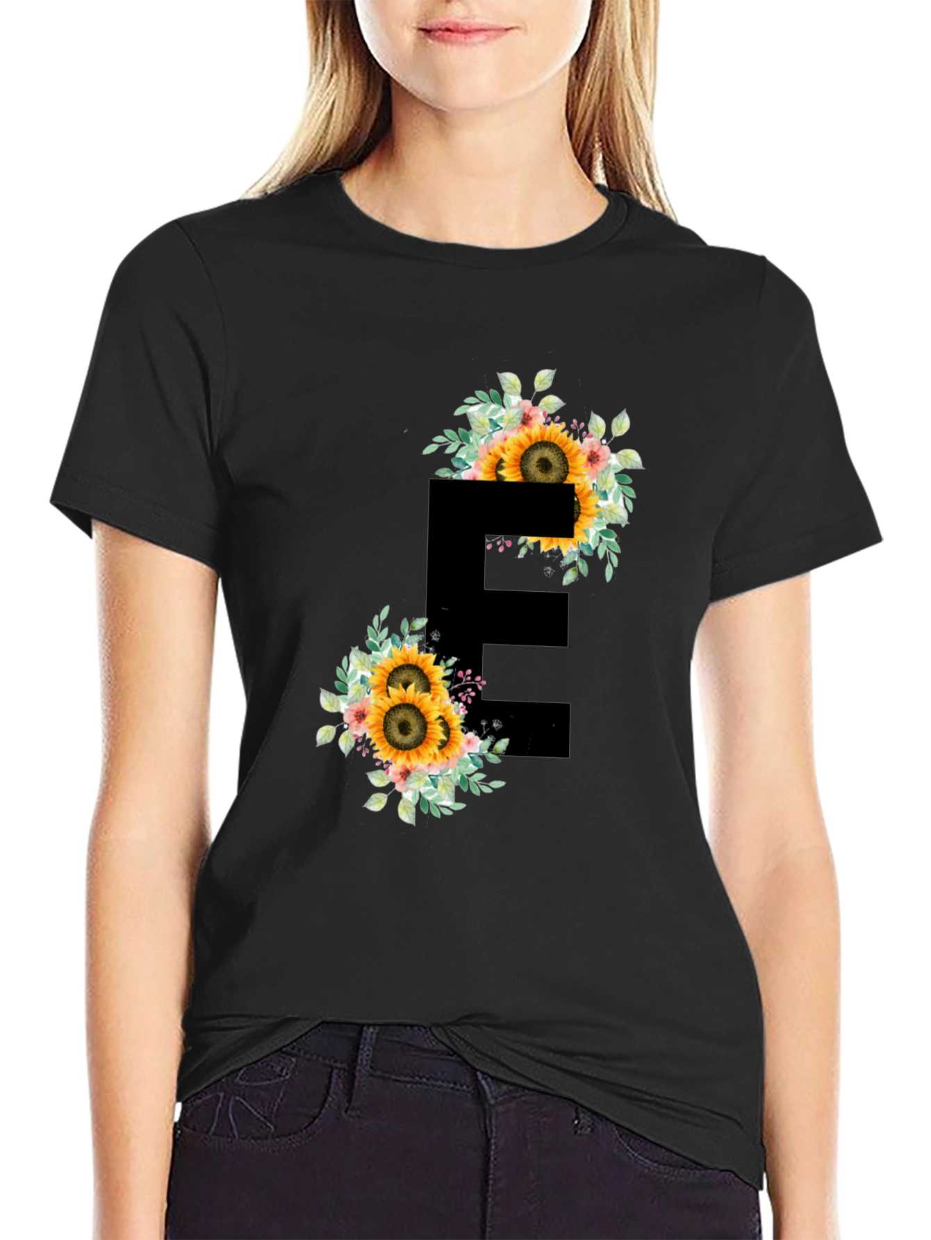 Floral Letter E Black T-Shirt