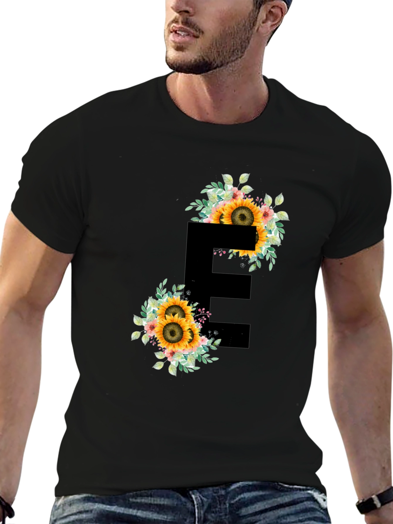 Floral Letter E Black T-Shirt
