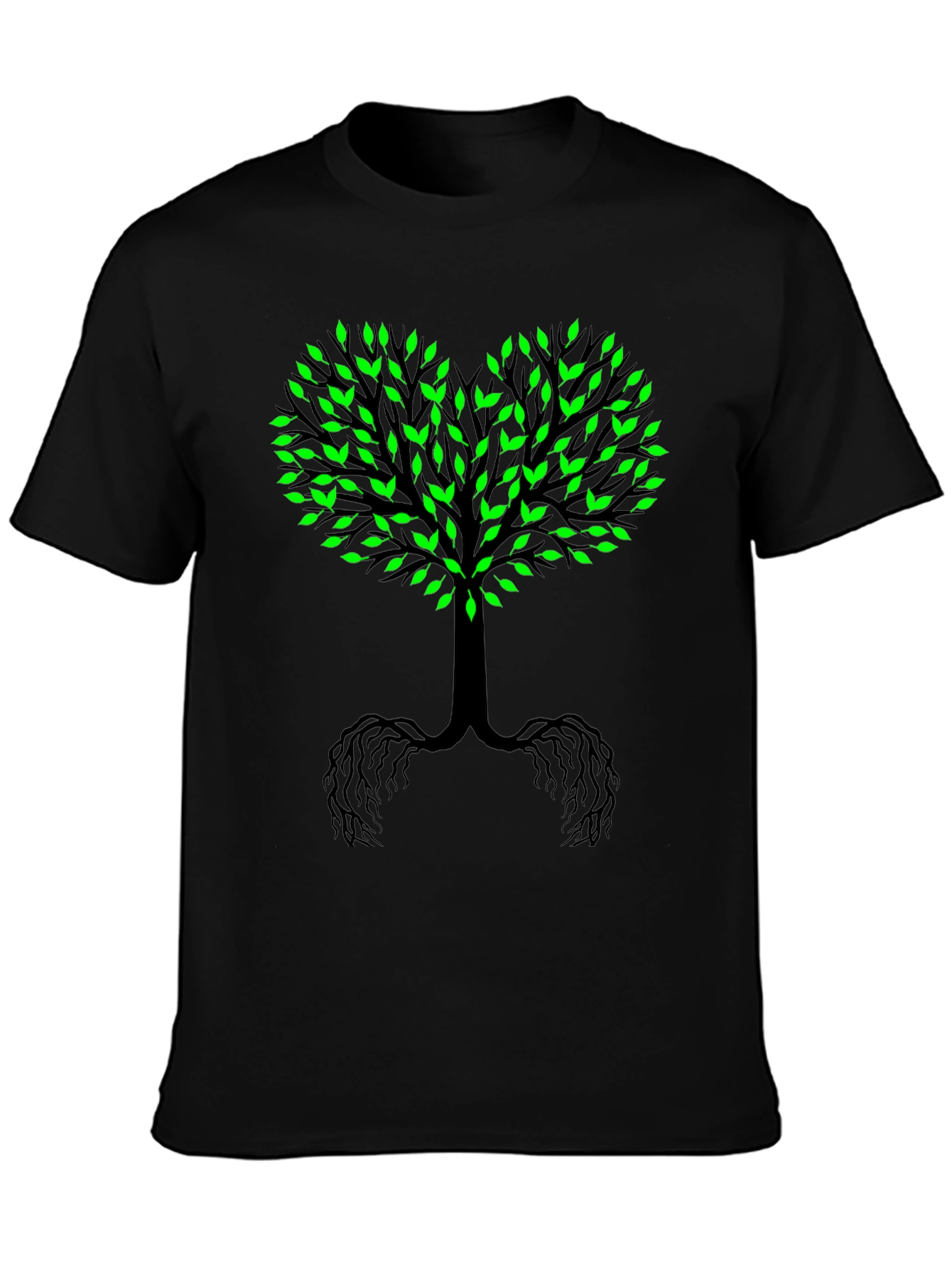 Tree of Life Black Tee - Green Leaf Heart