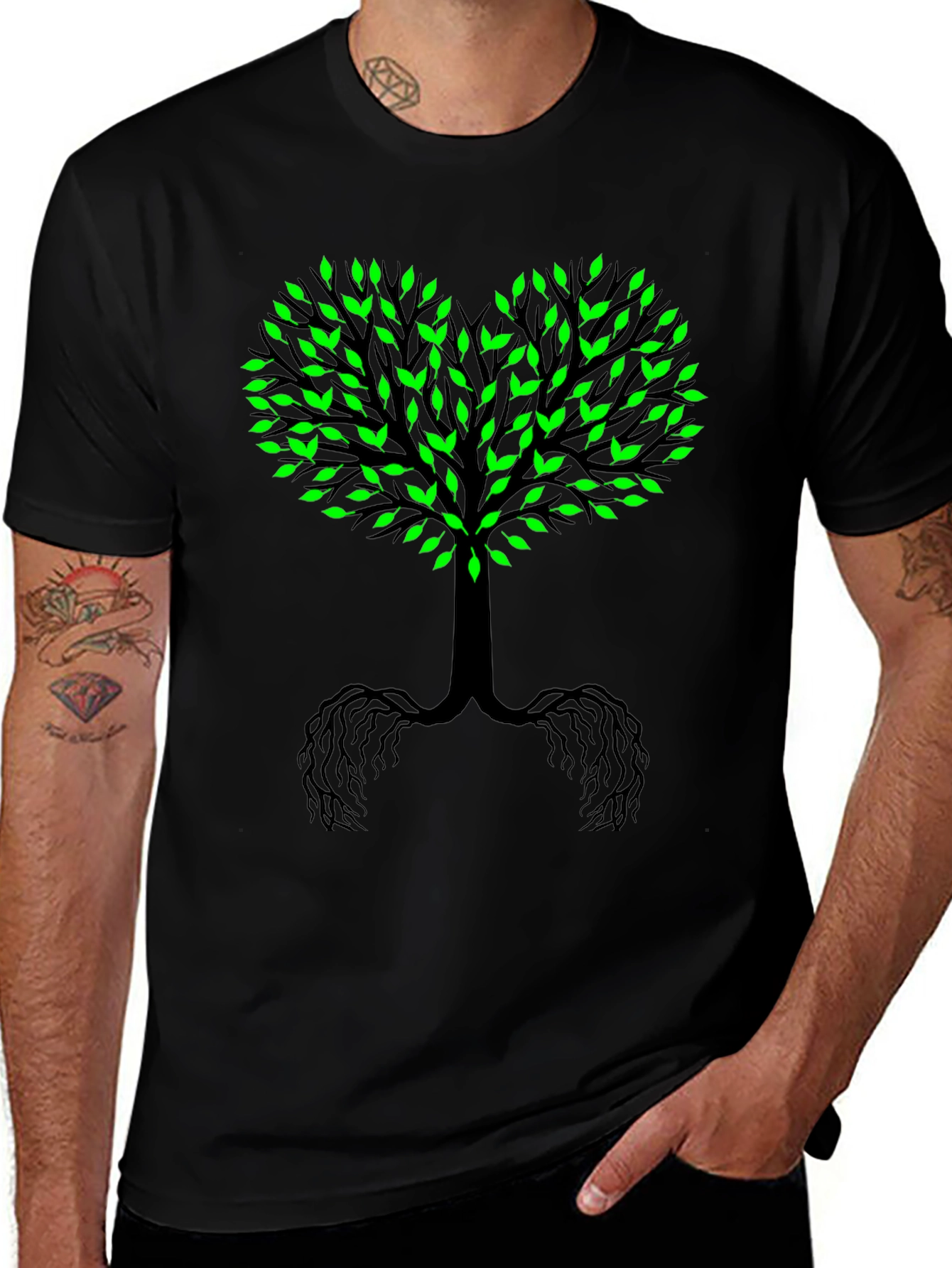 Tree of Life Black Tee - Green Leaf Heart