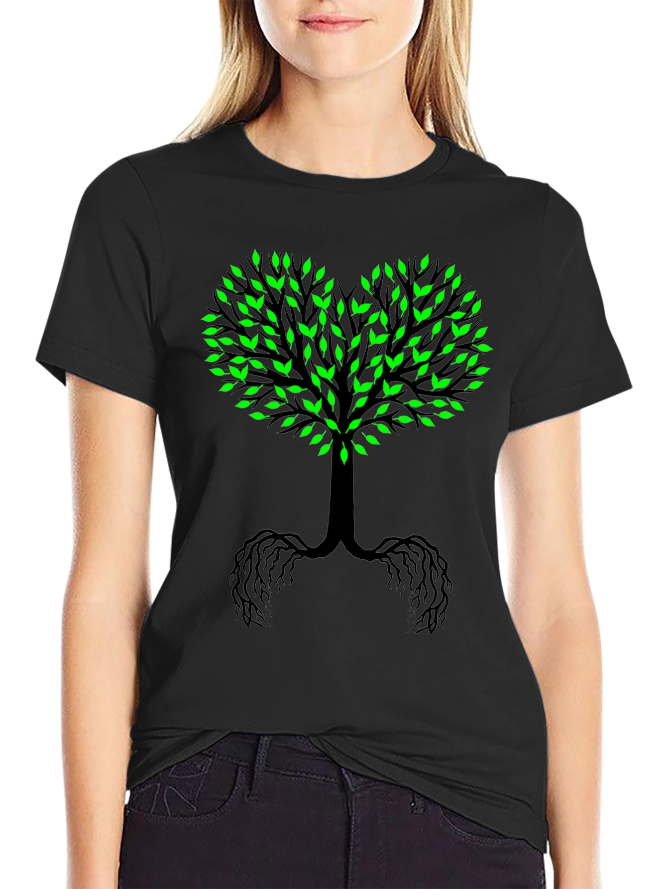 Tree of Life Black Tee - Green Leaf Heart