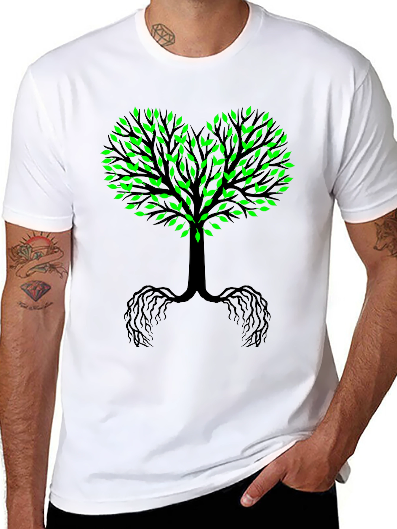 Tree of Life Black Tee - Green Leaf Heart