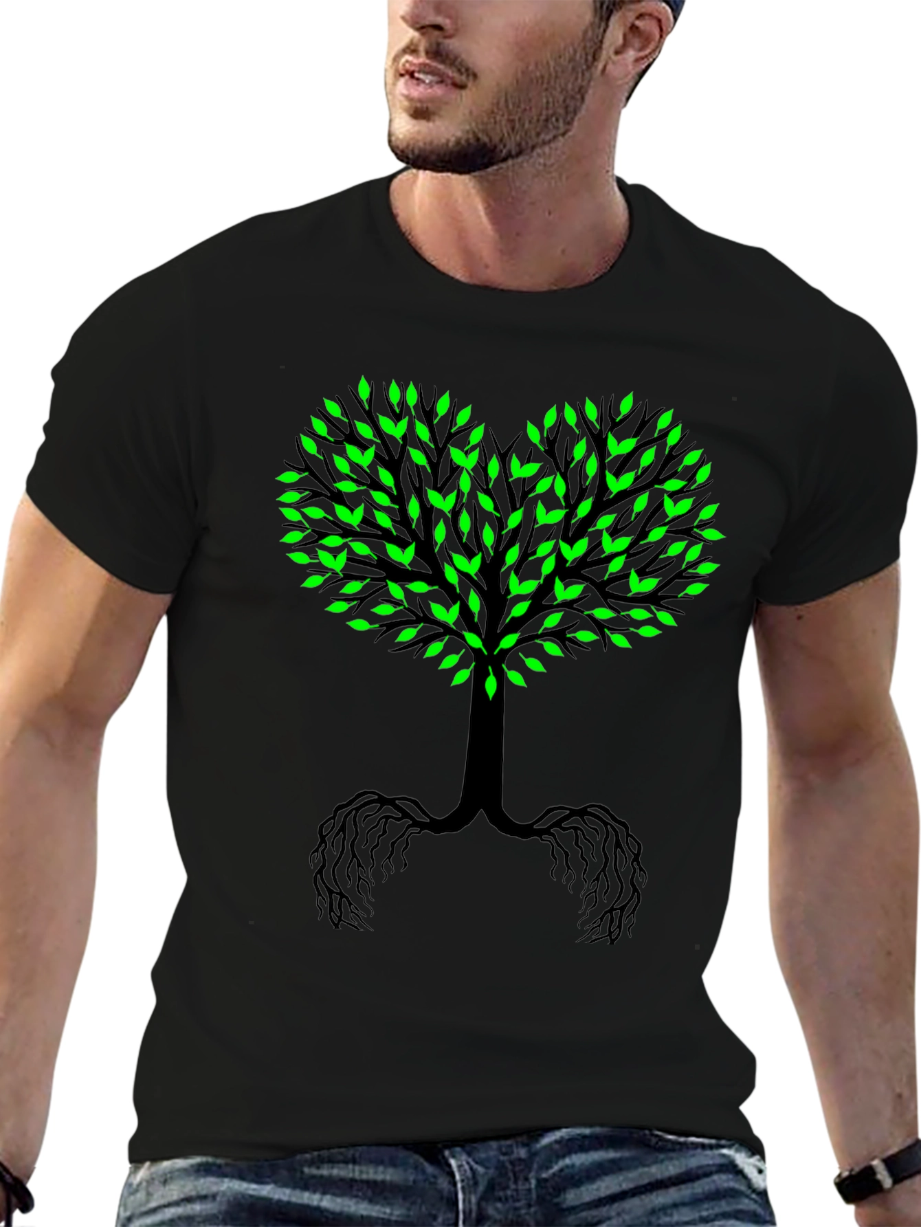 Tree of Life Black Tee - Green Leaf Heart