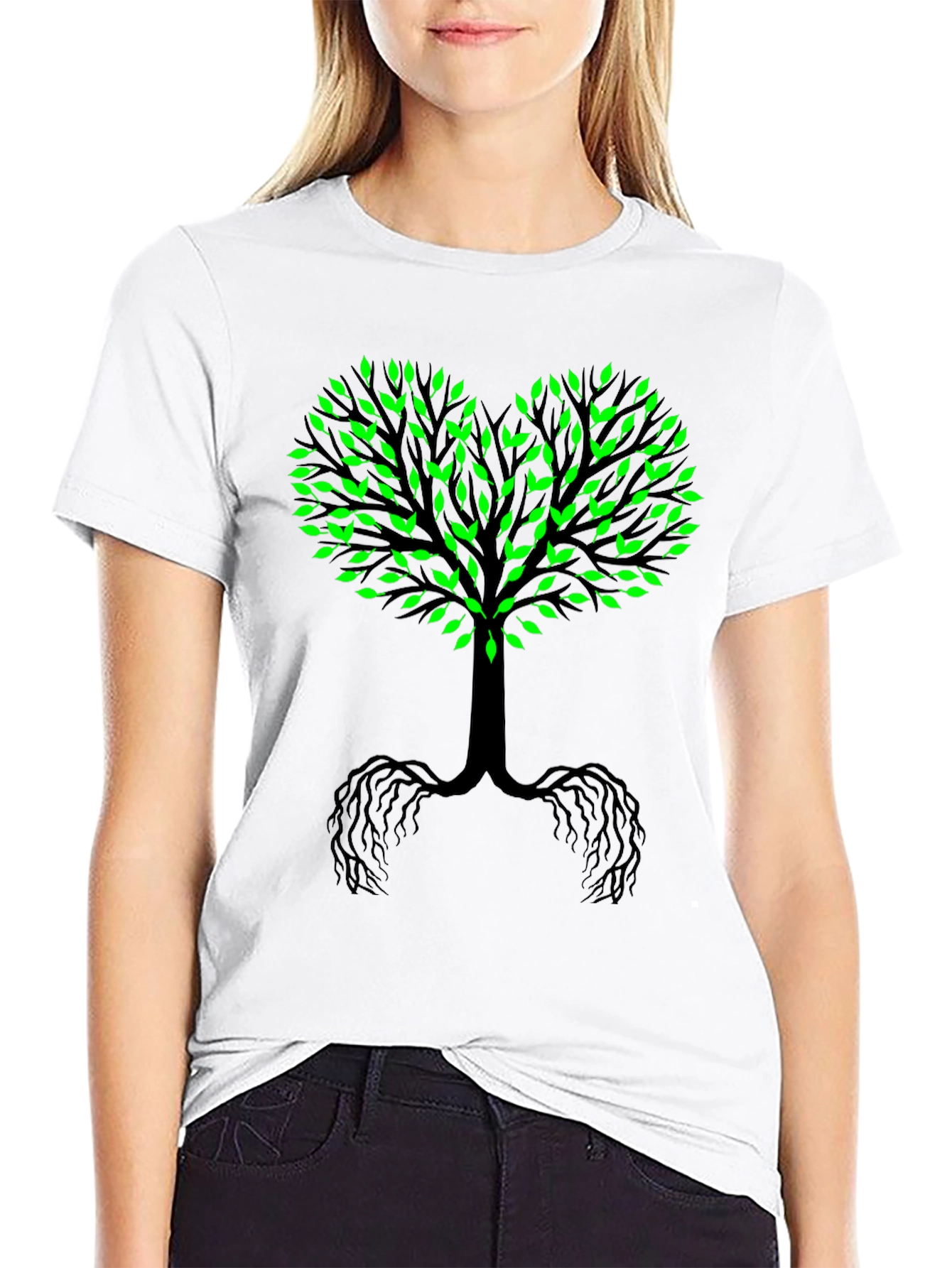 Tree of Life Black Tee - Green Leaf Heart