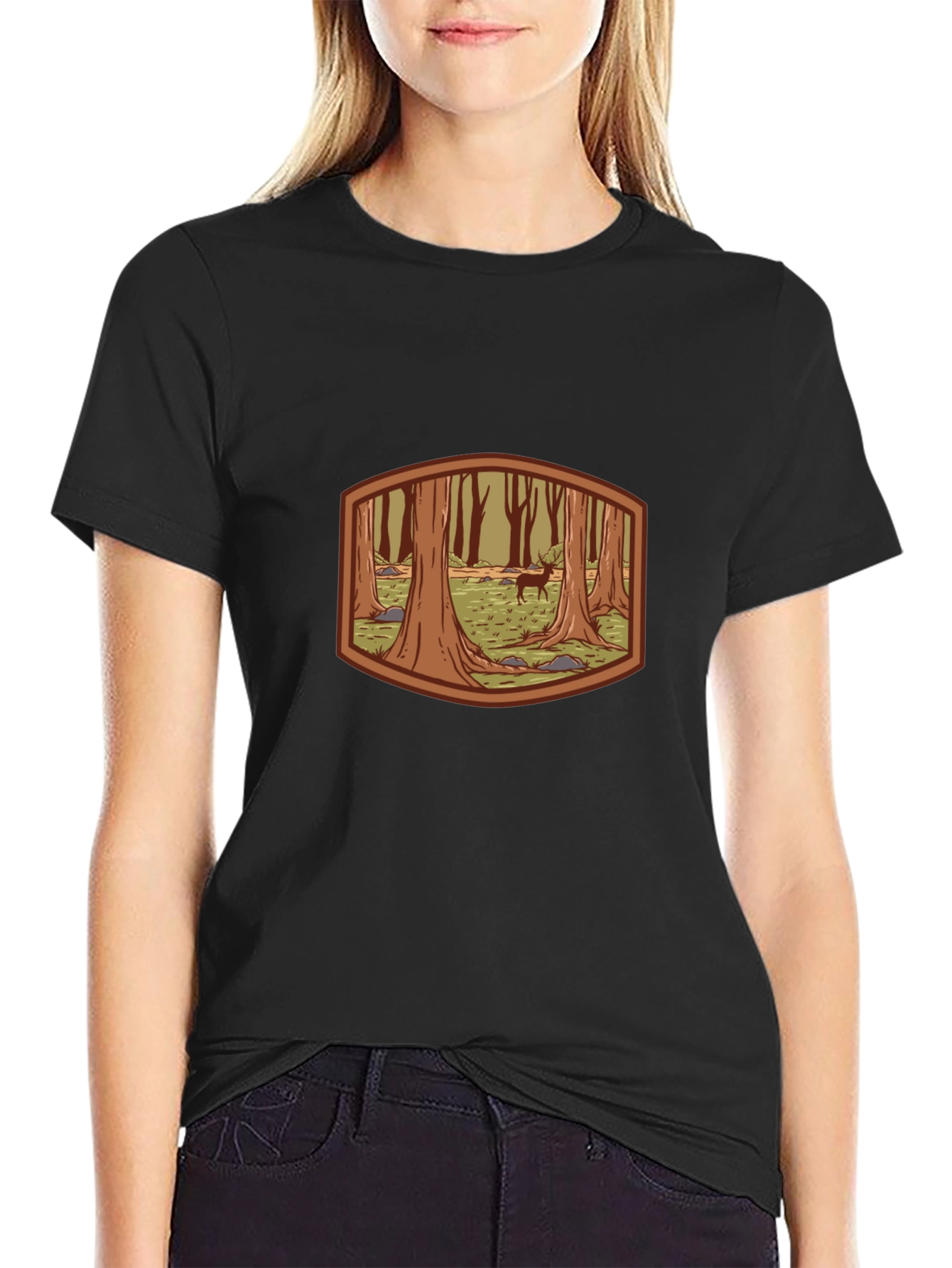 Forest Deer Graphic Tee - Black Cotton T-Shirt