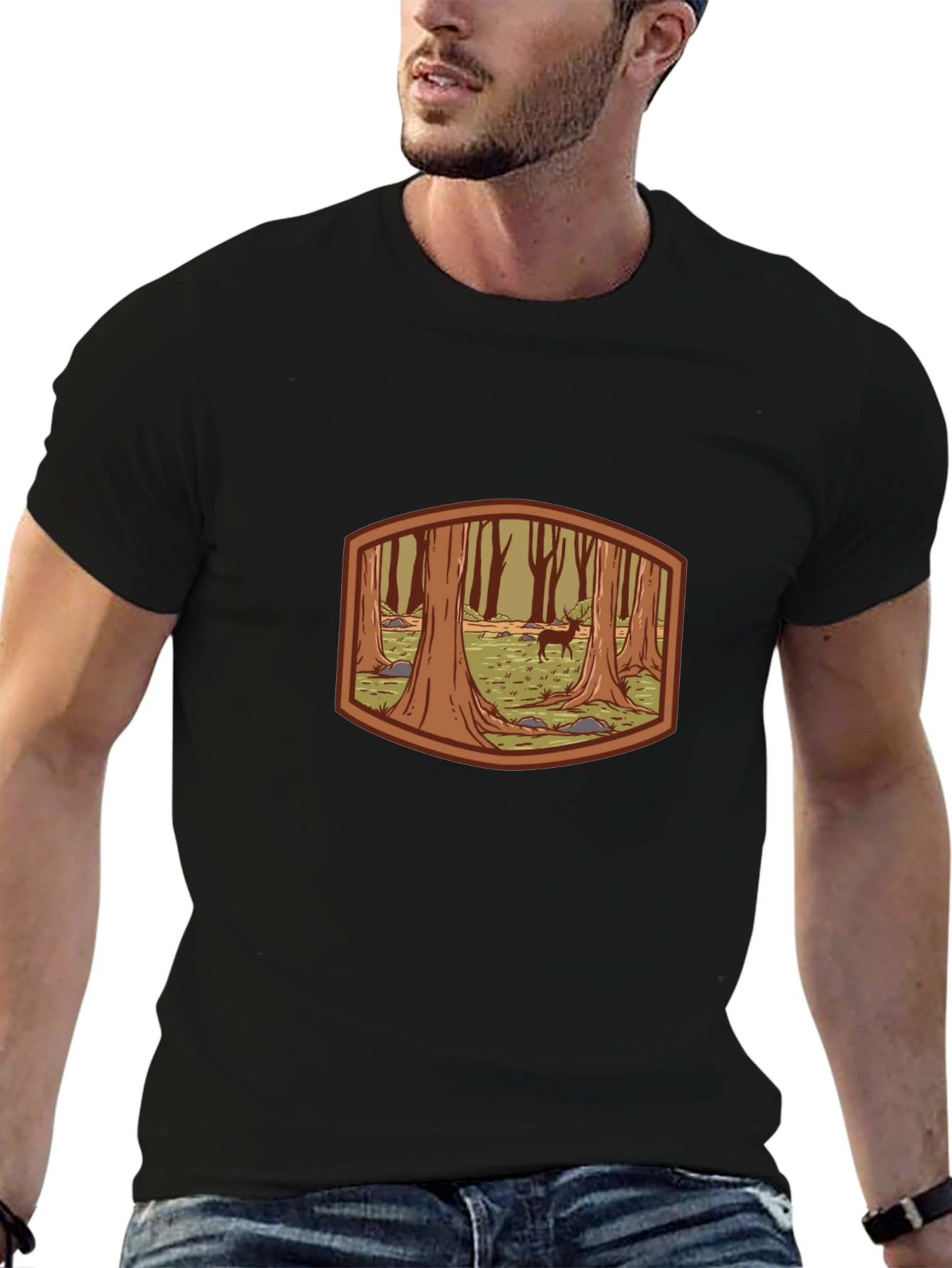 Forest Deer Graphic Tee - Black Cotton T-Shirt