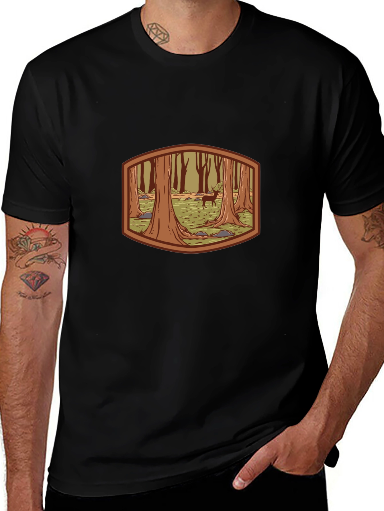 Forest Deer Graphic Tee - Black Cotton T-Shirt