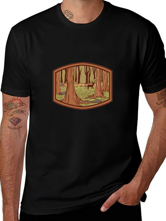 Forest Deer Graphic Tee - Black Cotton T-Shirt