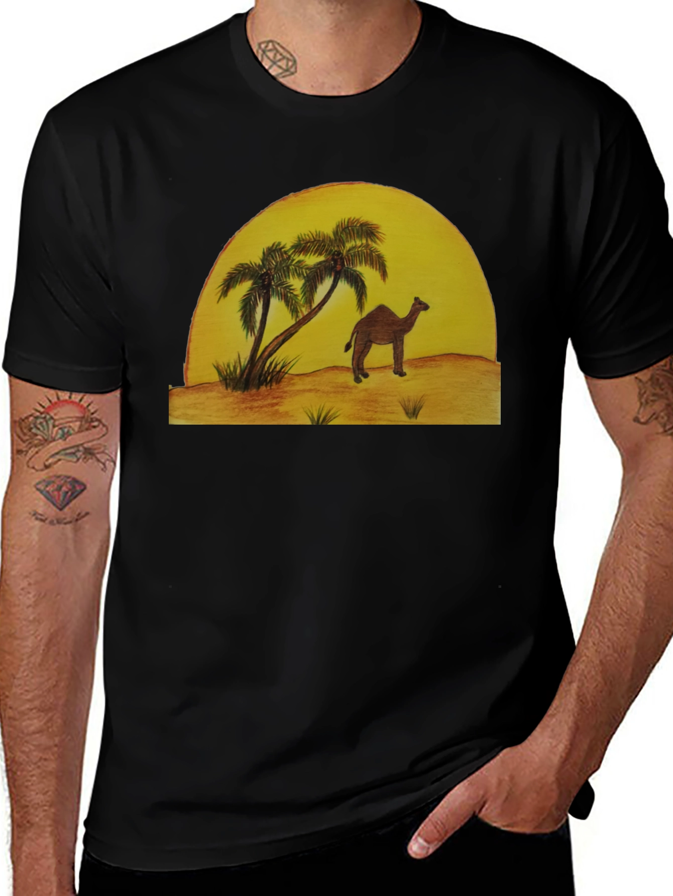 Desert Scene Graphic Tee - Camel & Palm Trees