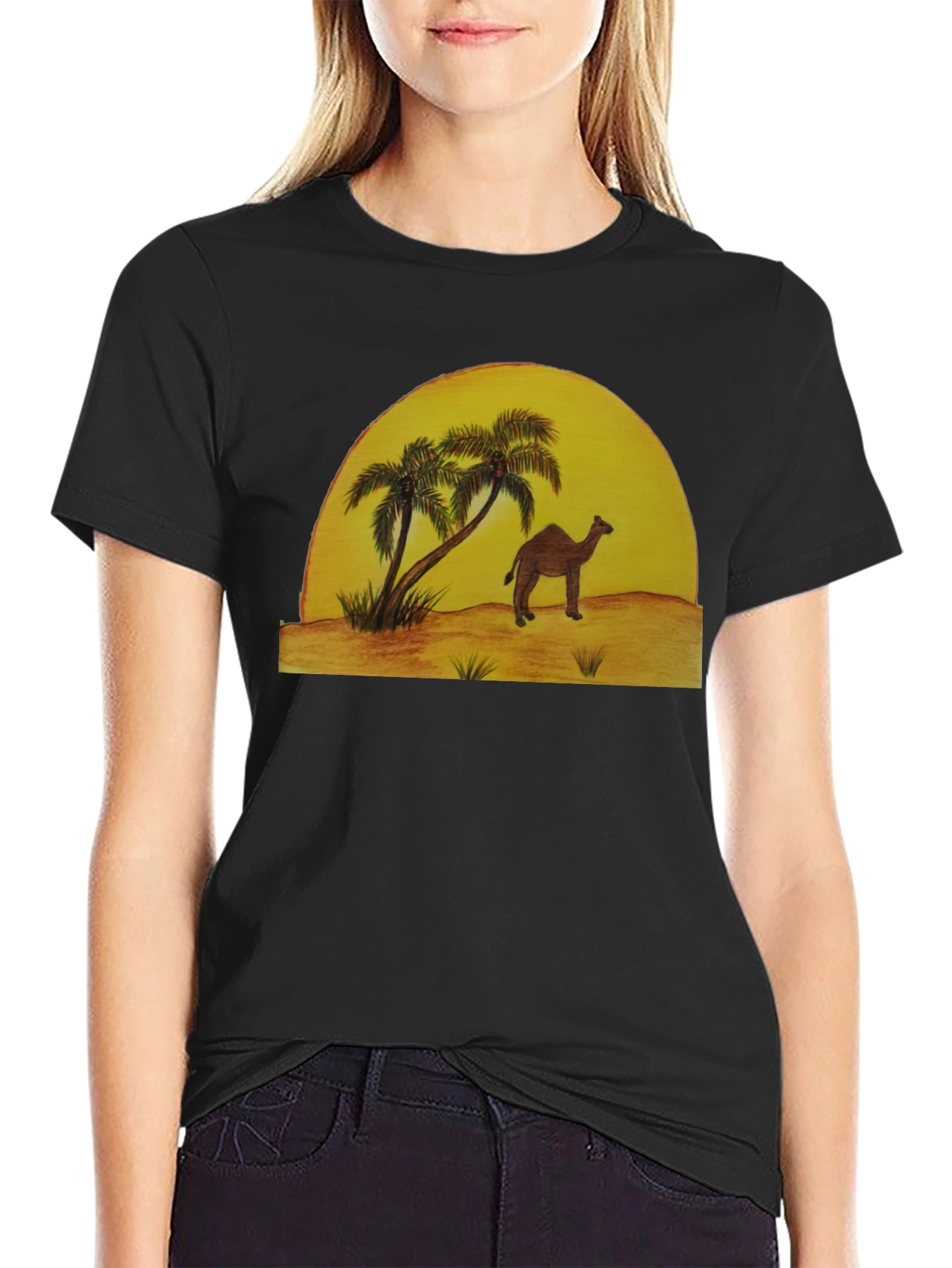 Desert Scene Graphic Tee - Camel & Palm Trees