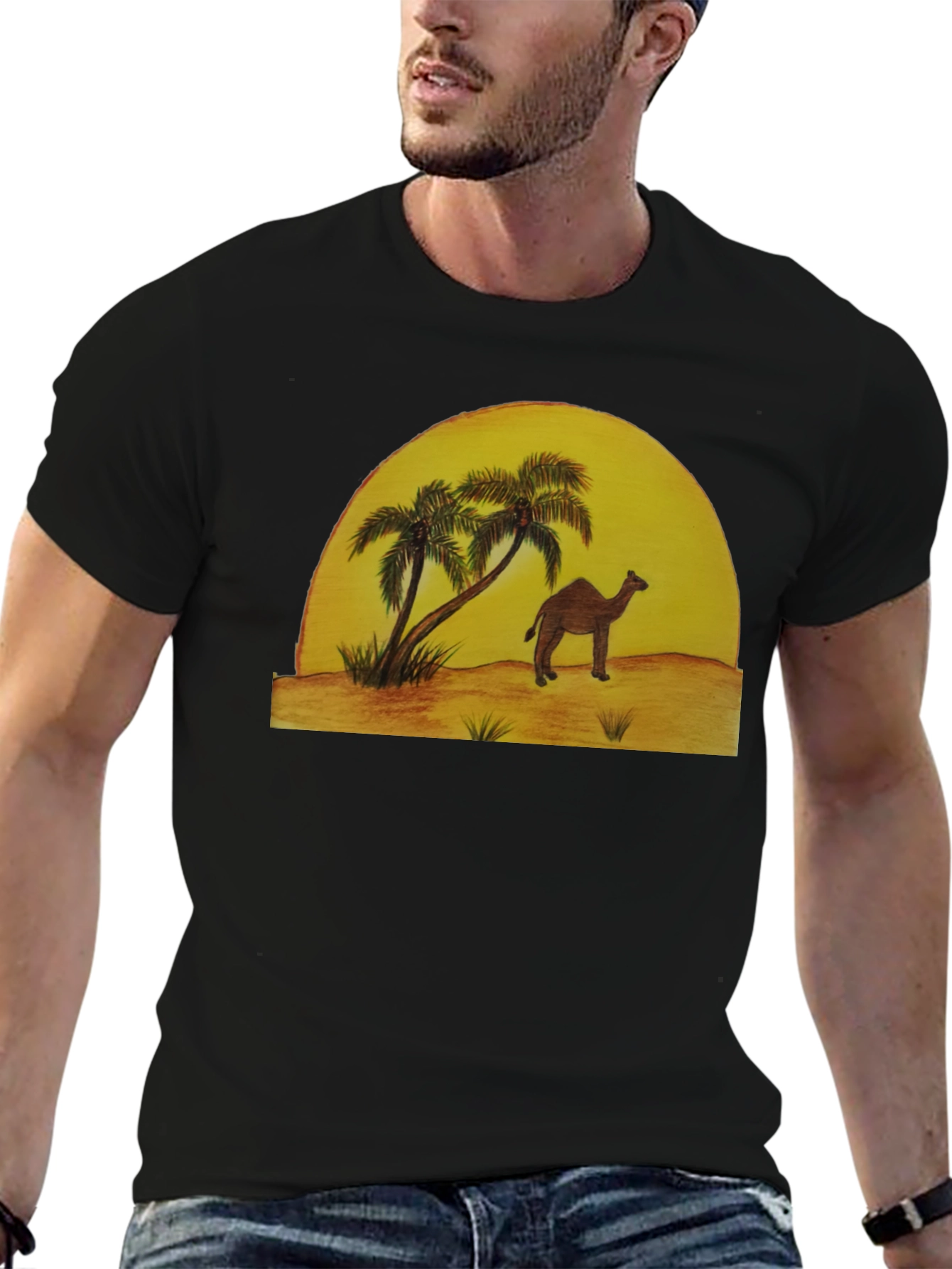 Desert Scene Graphic Tee - Camel & Palm Trees