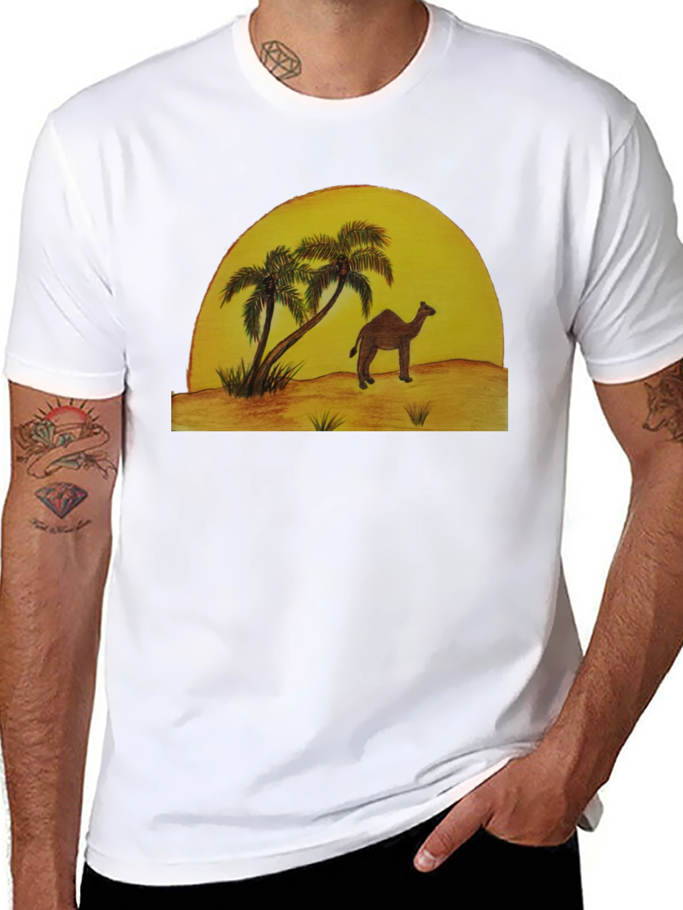 Desert Scene Graphic Tee - Camel & Palm Trees