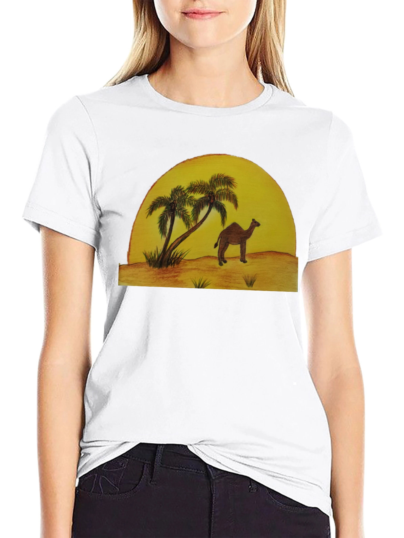 Desert Scene Graphic Tee - Camel & Palm Trees