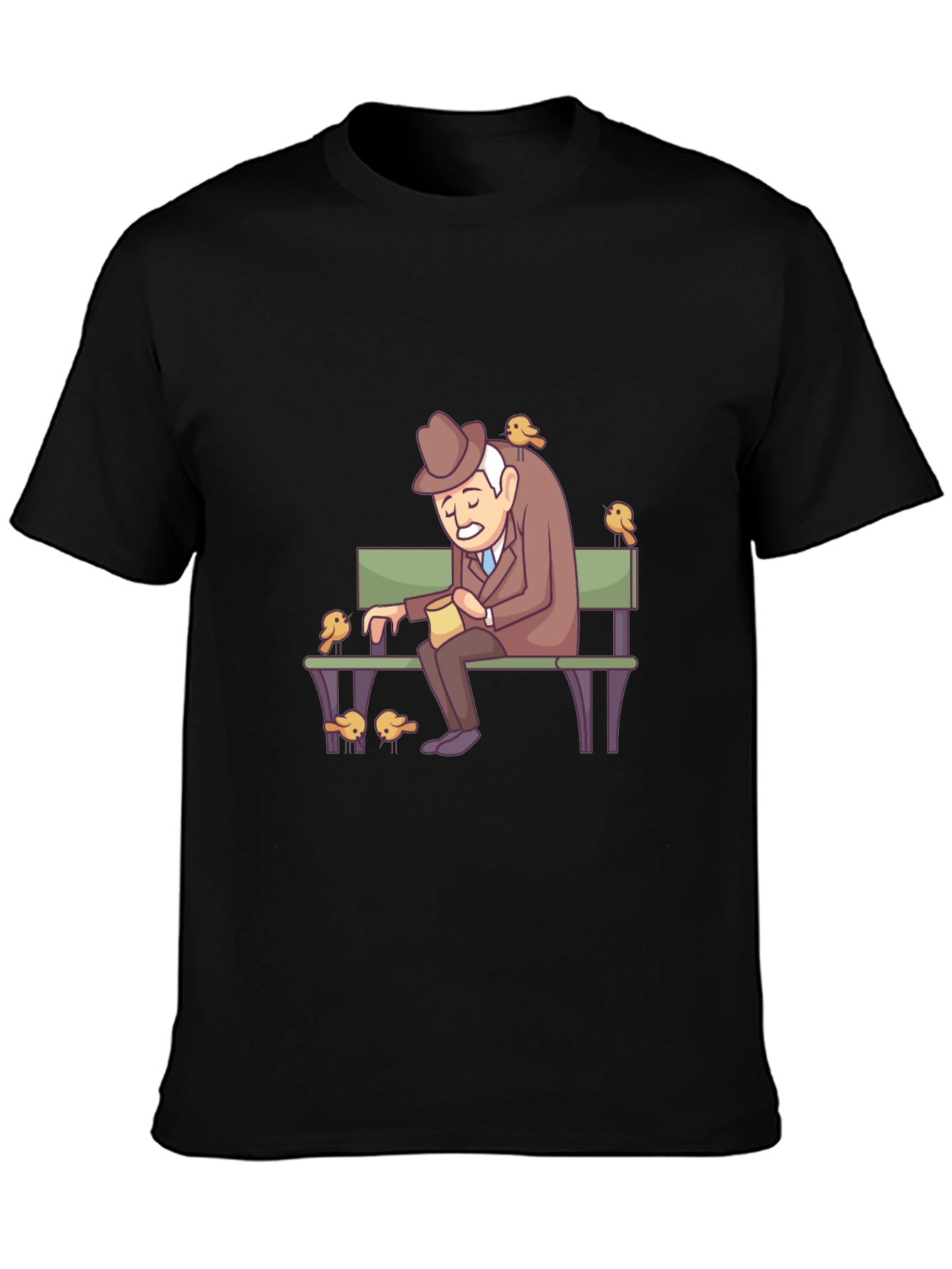 Cartoon Old Man and Birds Graphic Tee