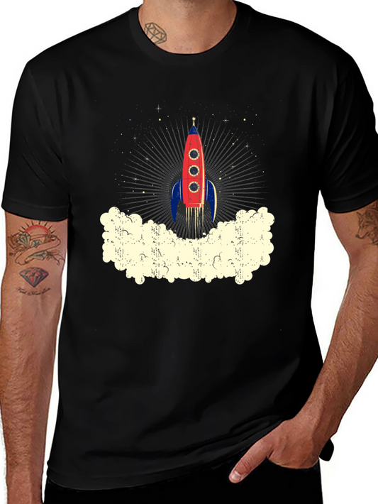 Retro Rocket Launch Graphic Tee - Black Cotton T-Shirt
