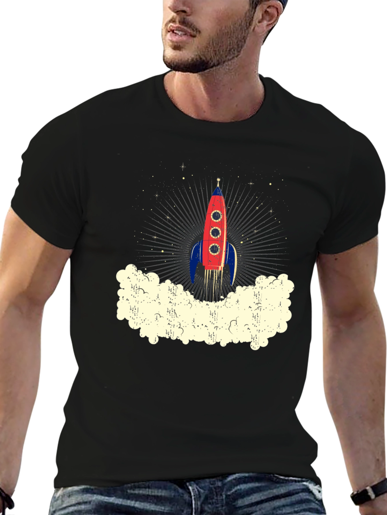 Retro Rocket Launch Graphic Tee - Black Cotton T-Shirt