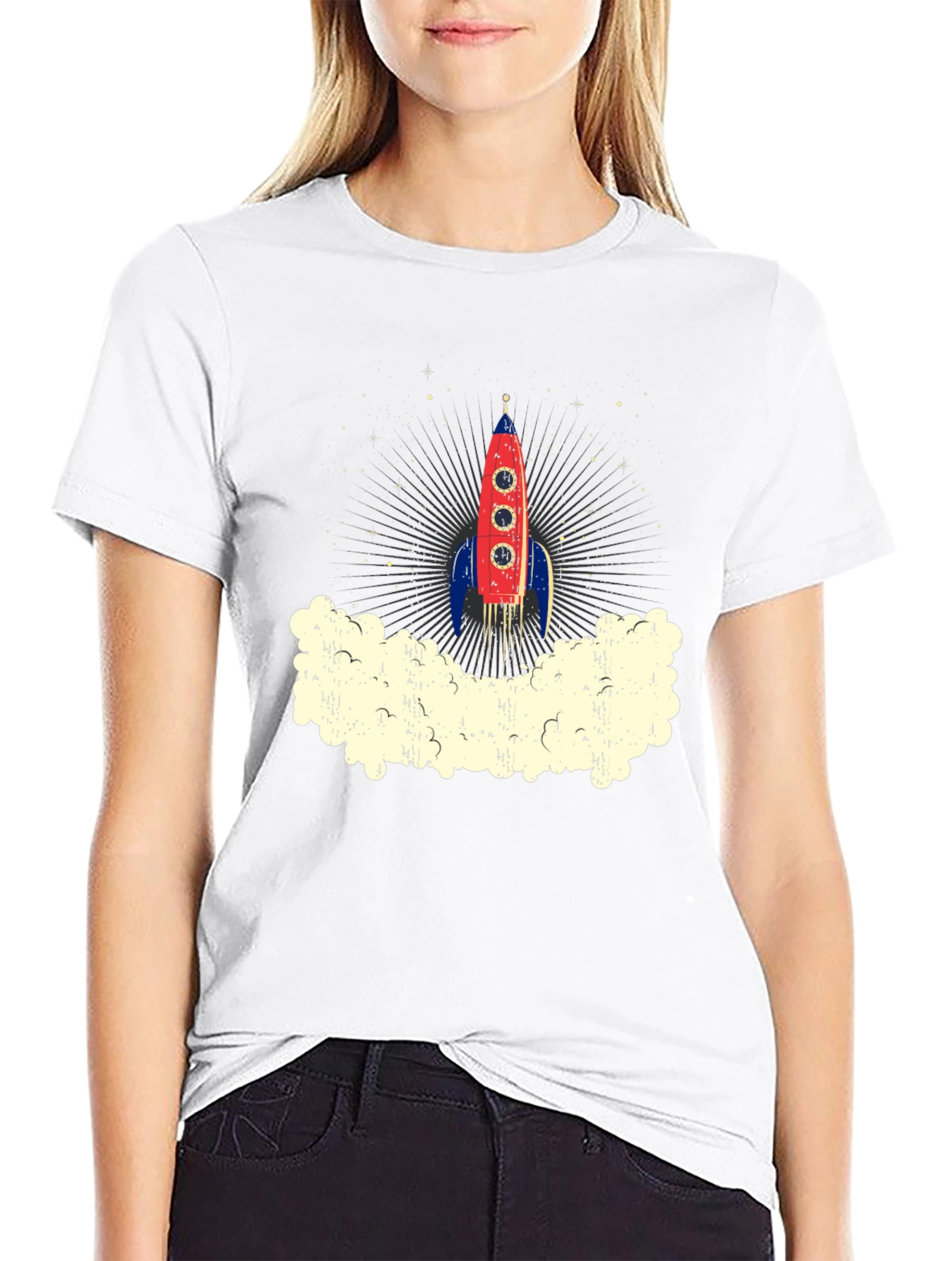 Retro Rocket Launch Graphic Tee - Black Cotton T-Shirt