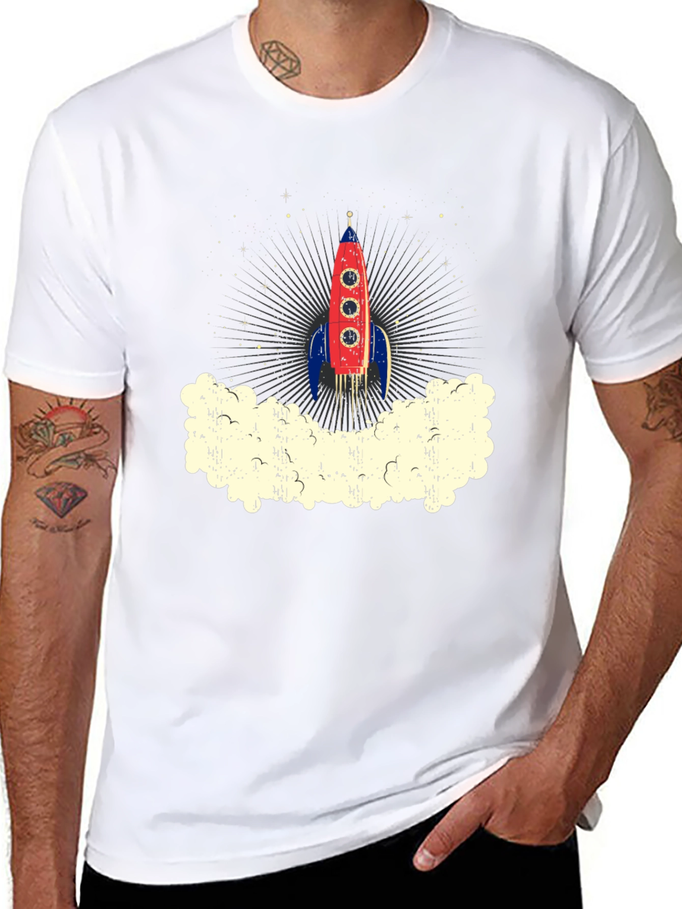 Retro Rocket Launch Graphic Tee - Black Cotton T-Shirt