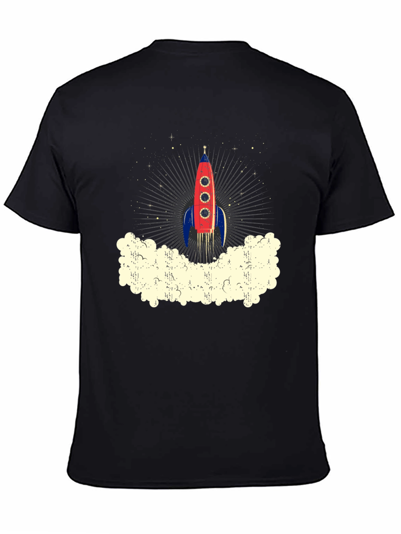 Retro Rocket Launch Graphic Tee - Black Cotton T-Shirt