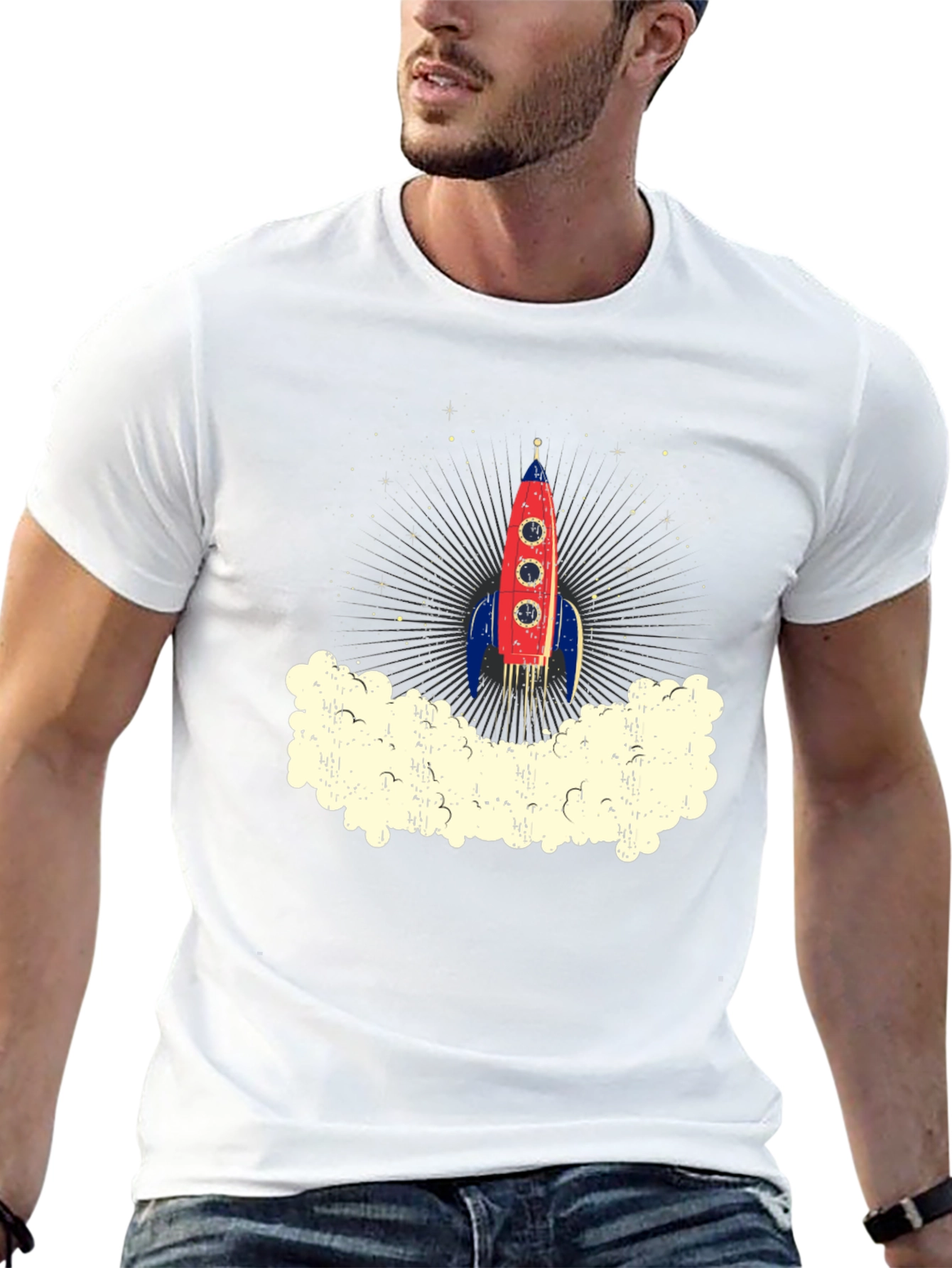 Retro Rocket Launch Graphic Tee - Black Cotton T-Shirt