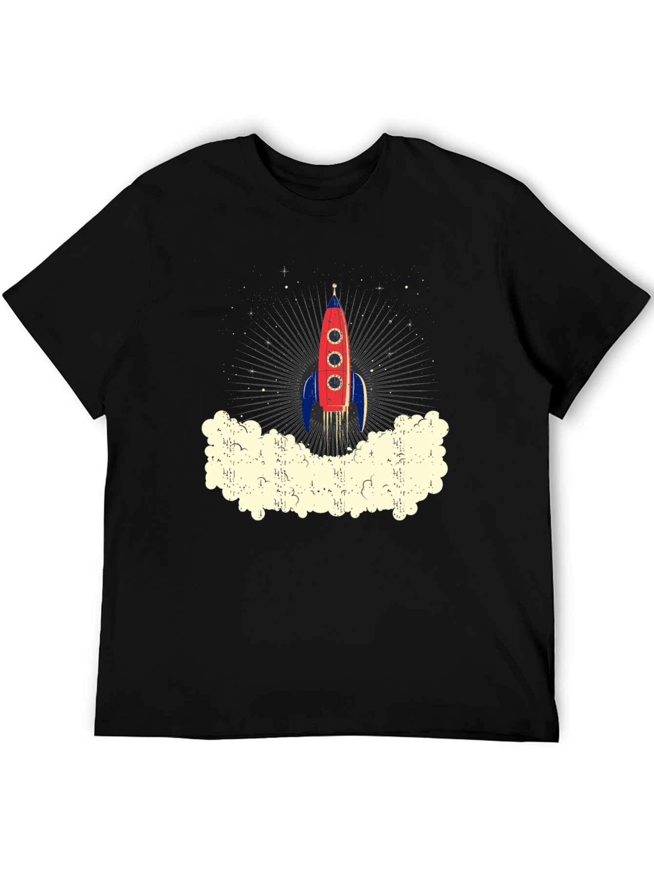 Retro Rocket Launch Graphic Tee - Black Cotton T-Shirt